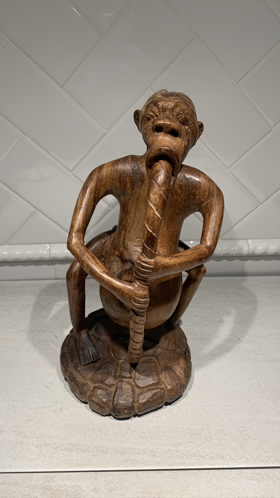 Hand Carved Wooden Monkey Eating Snake Statue Folk Art Figurine
