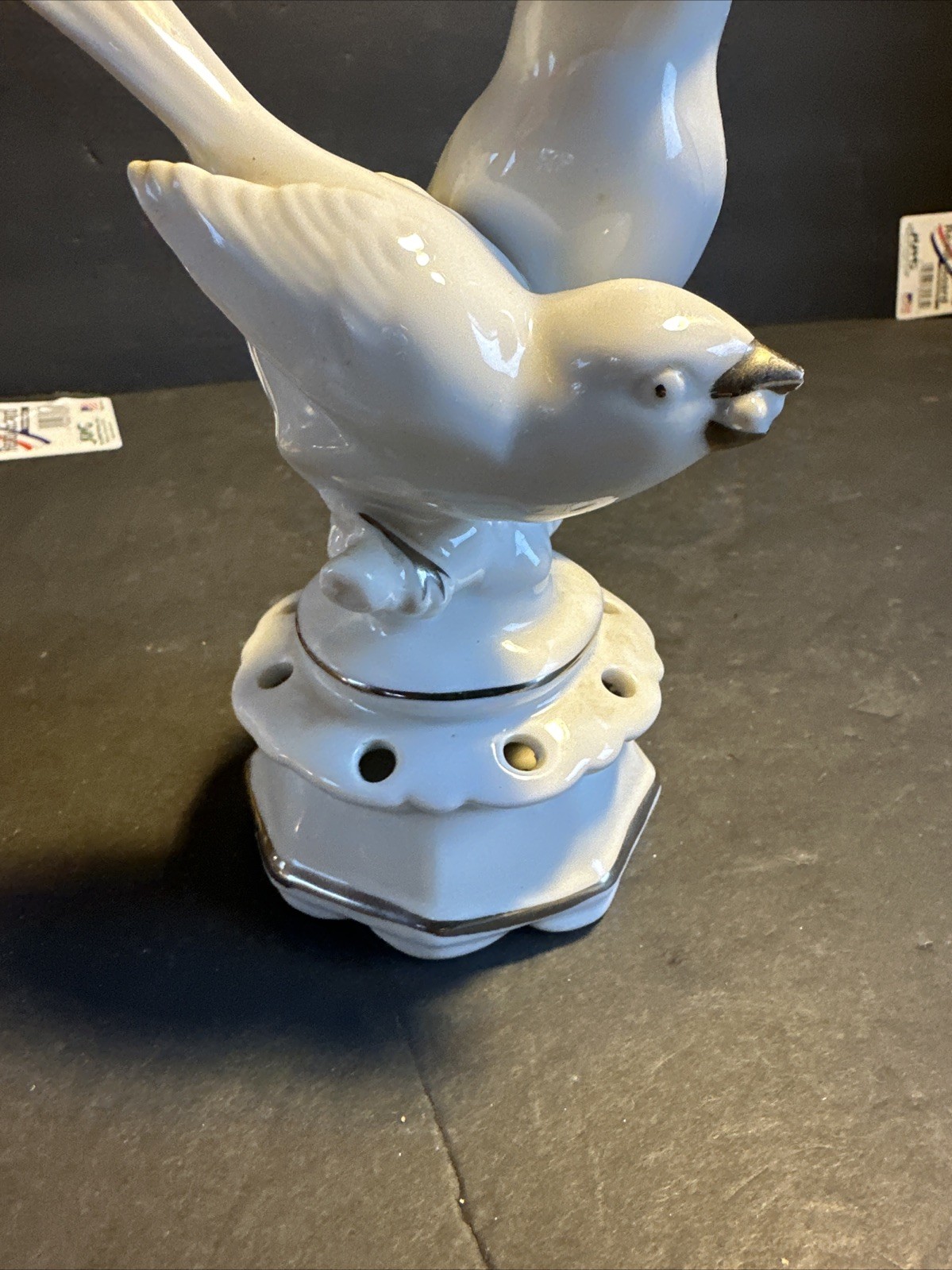 VTG. DRESDEN Porcelain White & Silver Flower Frog Figurine 8 holes w/Birds #R68