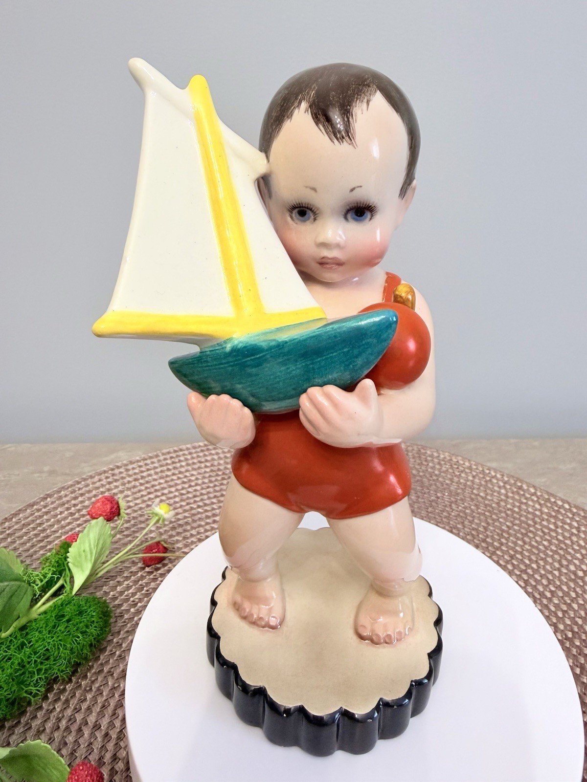 Art Deco Italian Ceramic Figurine Giovanni Ronzan Lenci Torino Boy & Ship 1930s