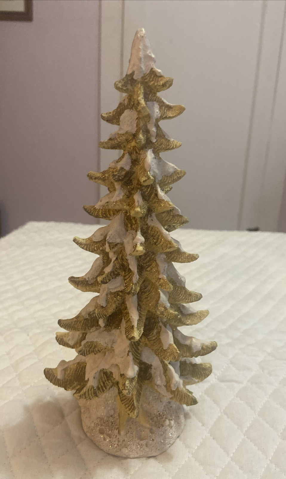 White & Gold Flocked Plaster & Clay Christmas Tree Sculptures Two (2). Charming