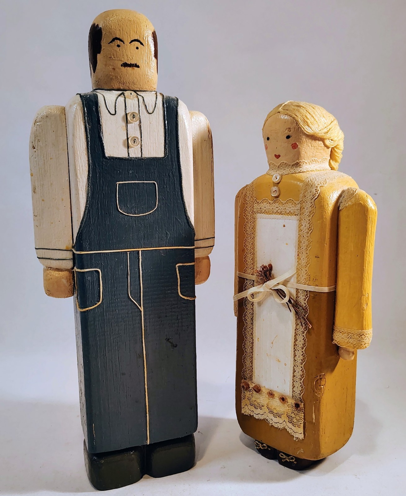 Vintage Wolf Creek Folk Art Wooden Man Woman Farmer Wife Husband Figure Carved