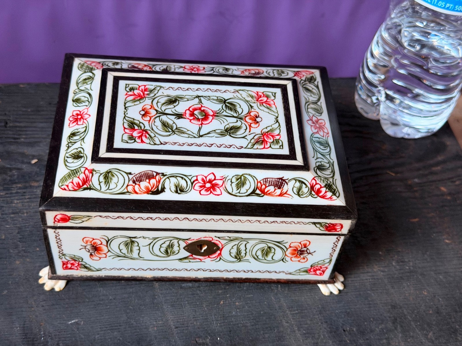 Vintage Hand Painted Indian Jewelry Box with Mirror Ornate Floral Keepsake