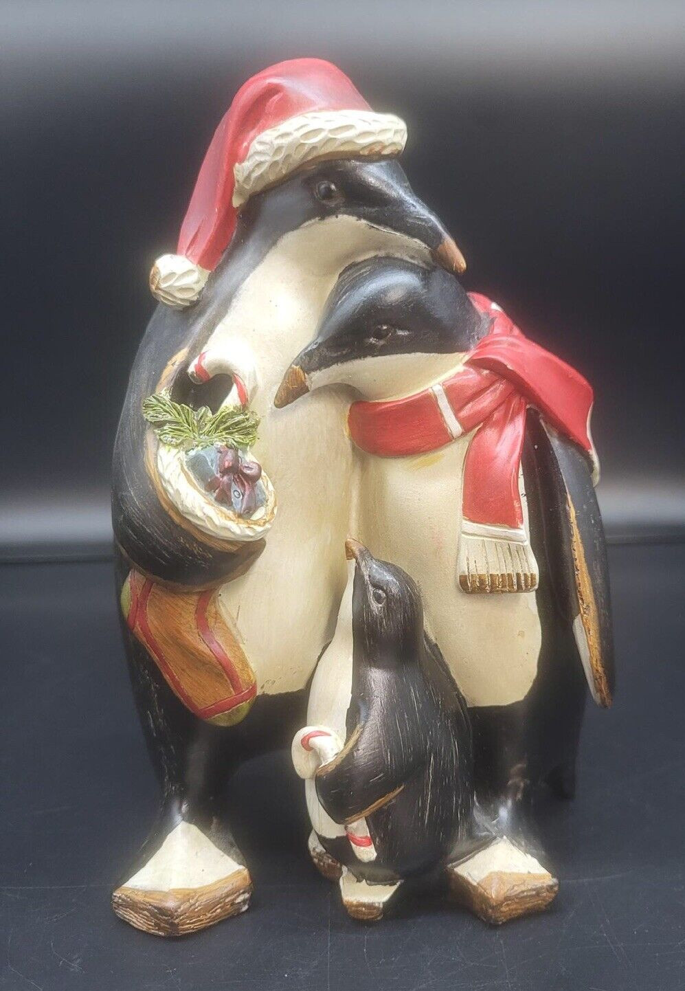 Penguin Christmas Figurine Family Of 3 Figurine 8 1/2″ Wood Look Family