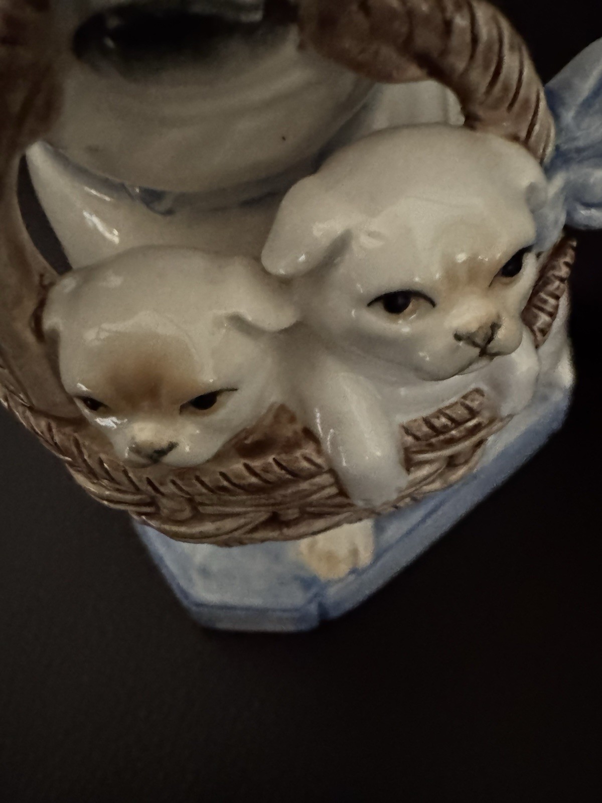 Vintage Fitz & Floyd Porcelain Pug Bull Dog Basket Puppies Figurine Label