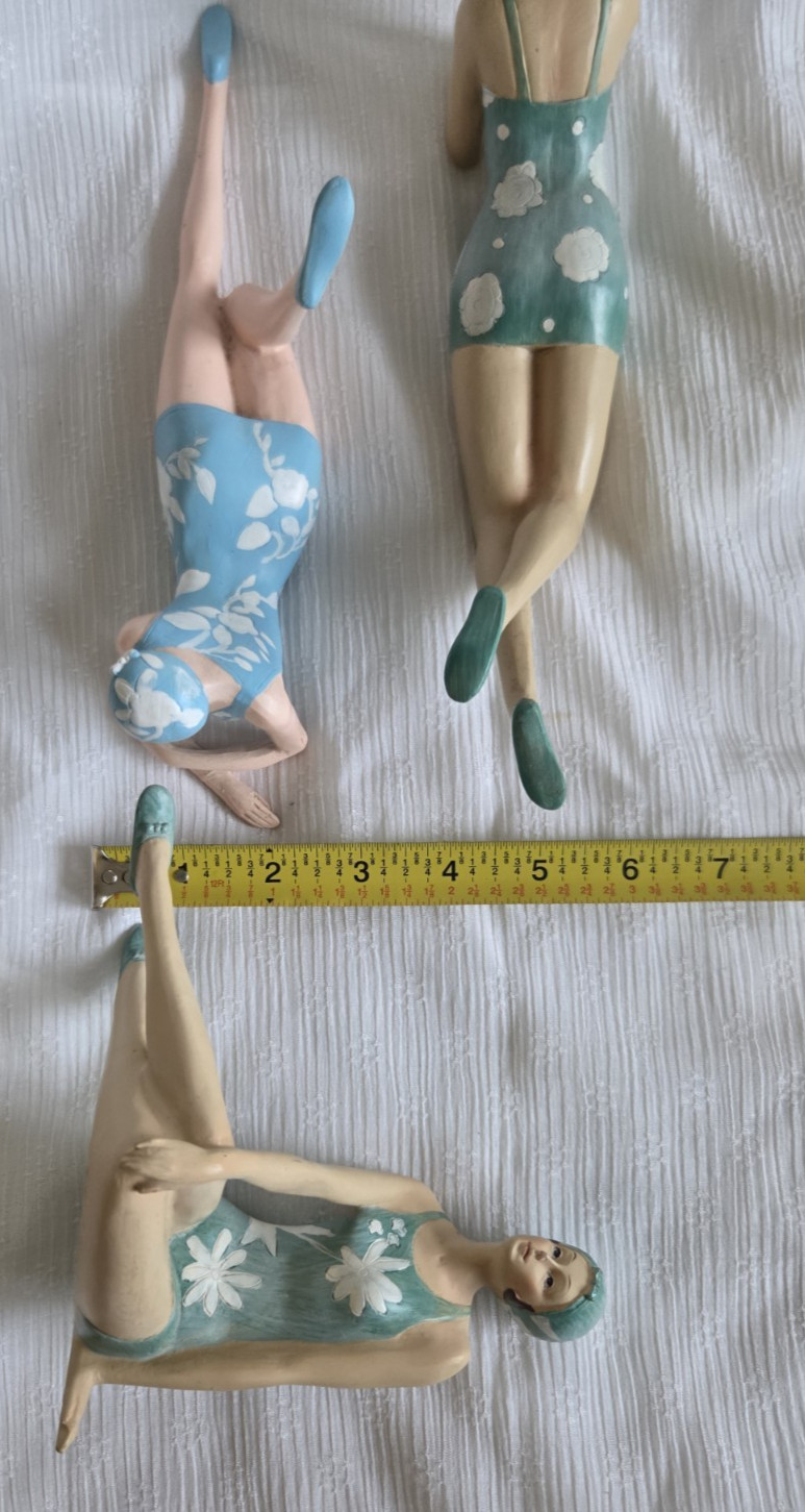 3 Art Deco Bathing Beauty Figurines Teal Blue Flower Swim Suit Retro Beach Babes