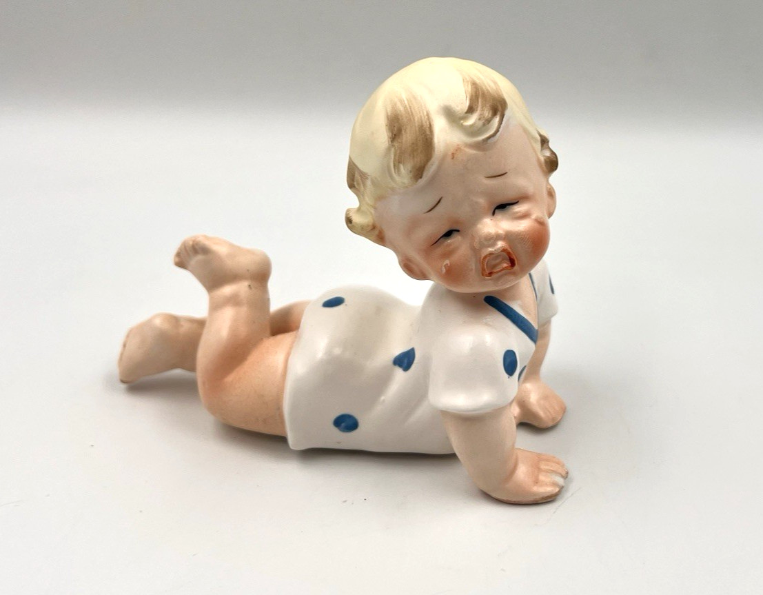 2 Vintage Porcelain Piano Baby Figurines Girl yawning, boy crying, Japan #296