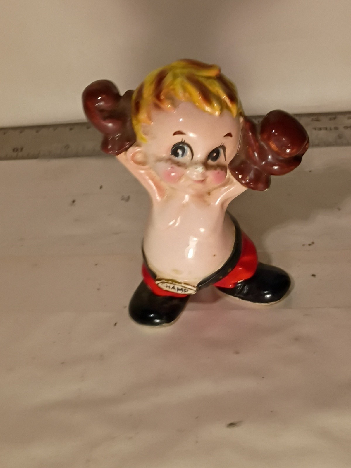 Vintage Inarco Ceramic Porcelain Little Boy Boxing Champ Figurine 4.5″ Japan