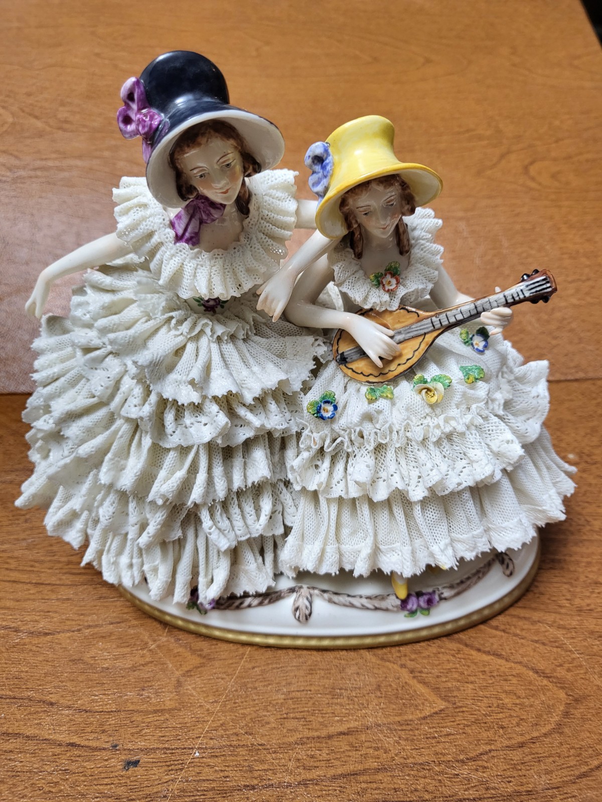 Antique German Dresden Volkstedt Fine Porcelain & Lace Figurines, 2 Young Ladies