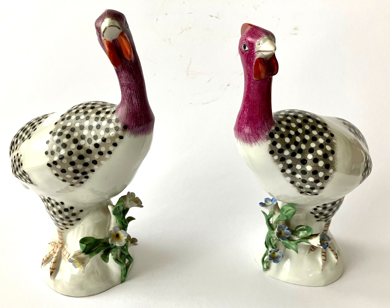 Pair of 19th century French porcelain guinea fowl, birds: Samson, after Meissen