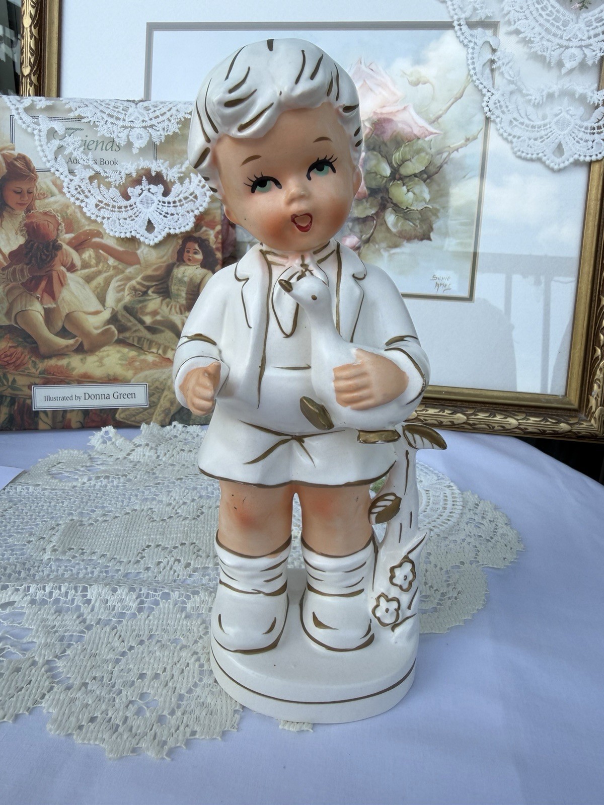 Vintage Heco Creations Japan Boy w/ Goose Hand Painted Ceramic Figurine 8.5”
