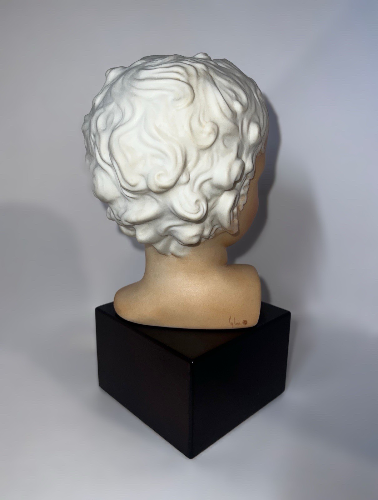 CYBIS SIGNED BISQUE PORCELAIN EROS YOUNG BOY BUST ON WOODEN STAND 10″