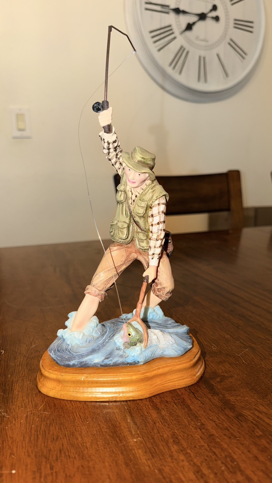 Vintage Fisherman Figurine Fly Fishing Man Standing in Water Wood Base