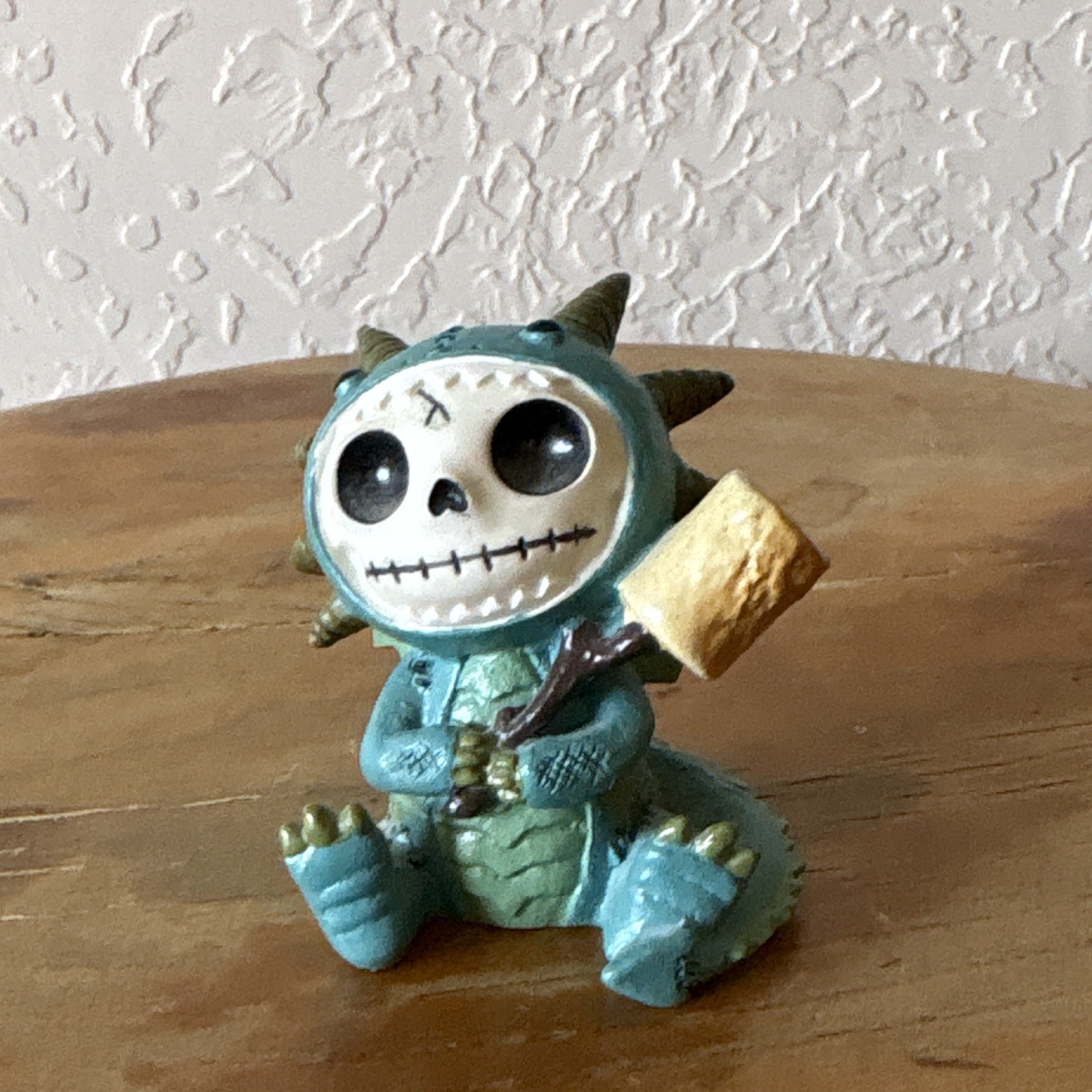 Blue Dragon Skeleton Figurine Holding Mallet, Small Resin 3D Effect