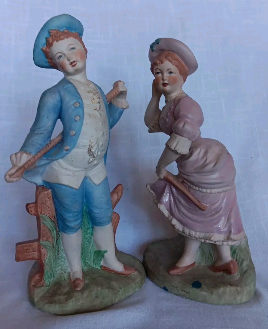 Bisque Couple Blue Boy And Pink Girl “Lez ” Etched On Bottom Of Statues 11in.