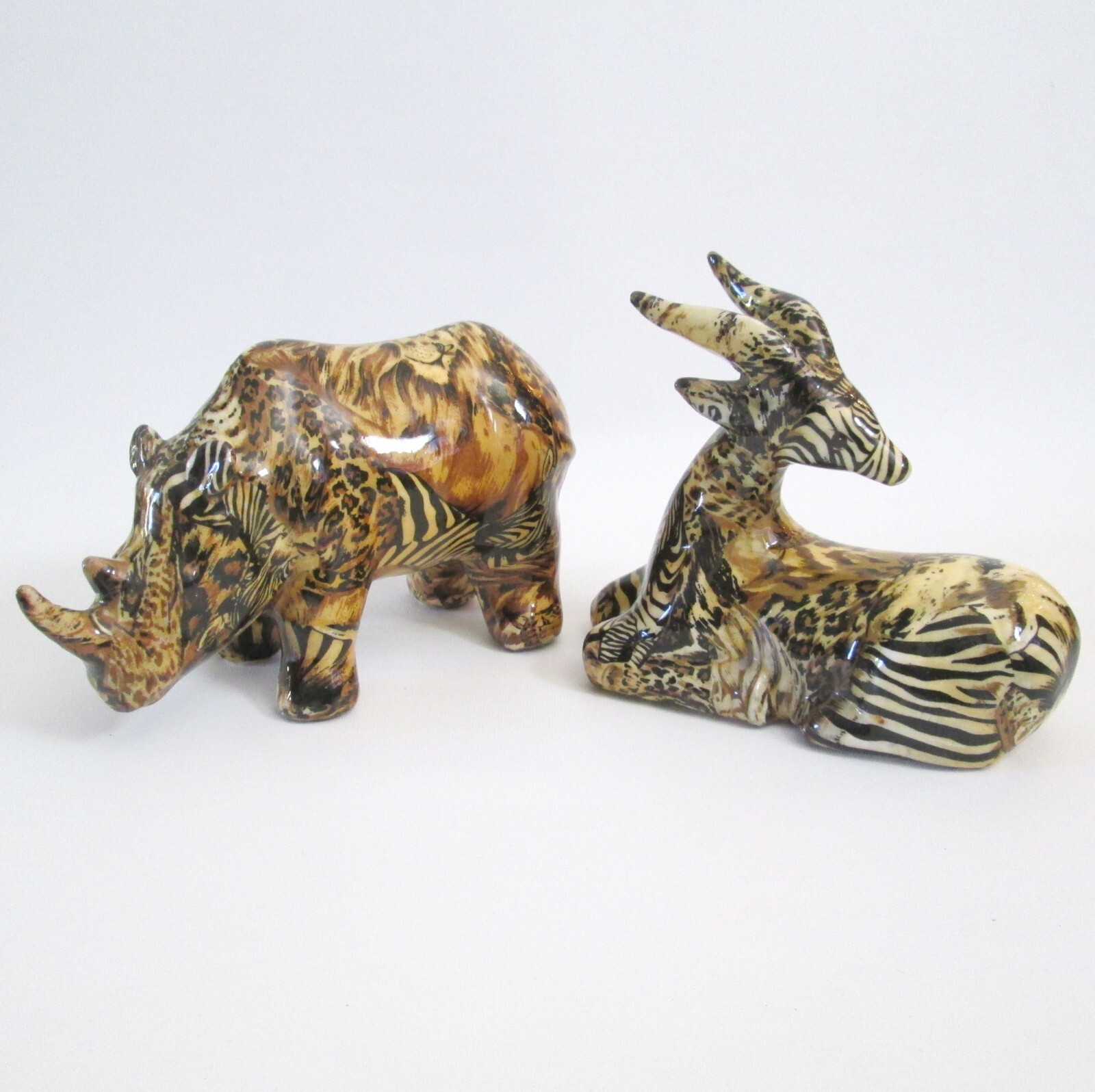 Two Animal Print Figures Rhino Gazelle Figurine Pair Vintage 80s