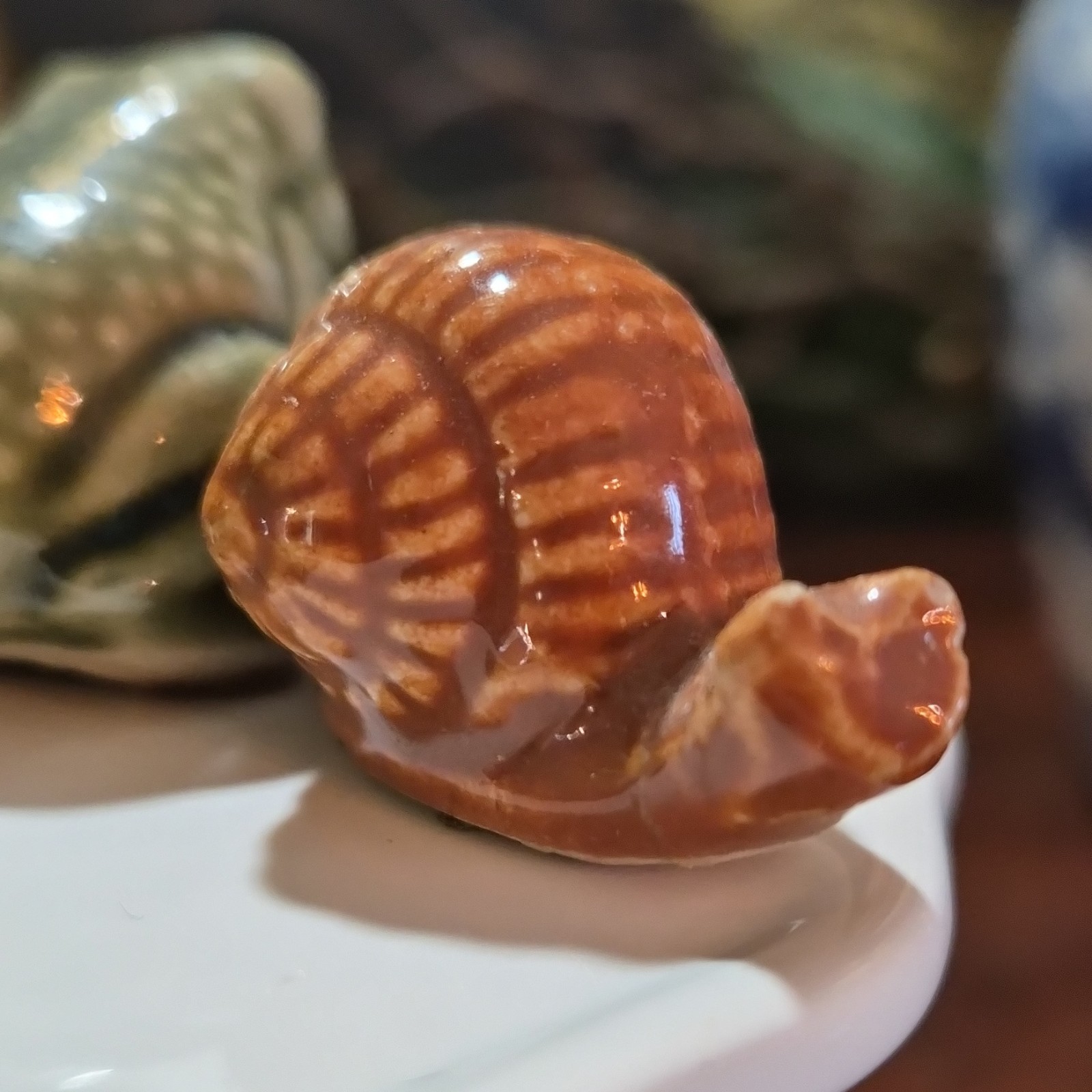 3pc Ceramic Animal Figurine Set Frog Toad Snail Glossy Green Brown Orange