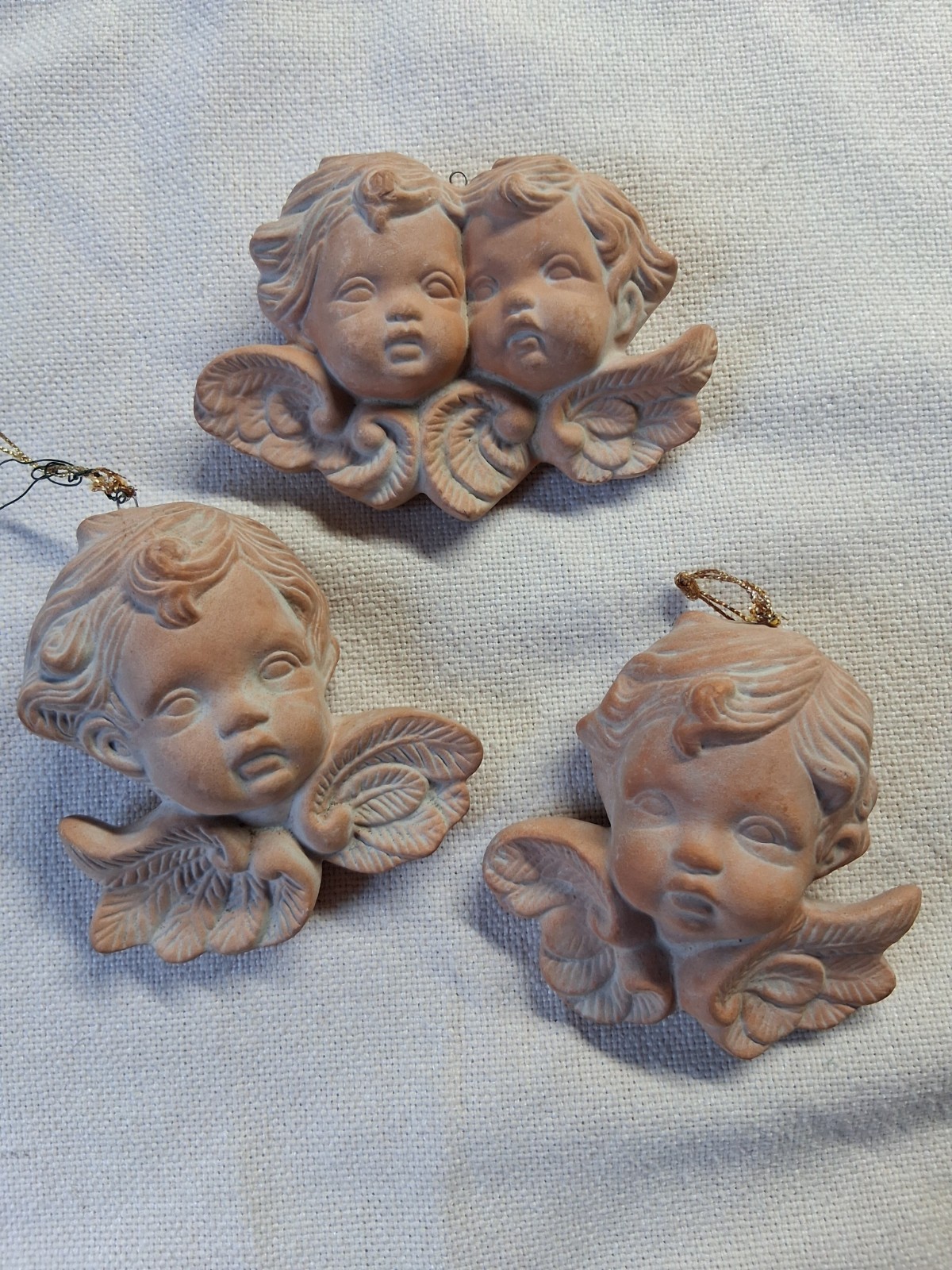 3 Vintage Terracotta Cherub Angles Wall Hanging Ornaments