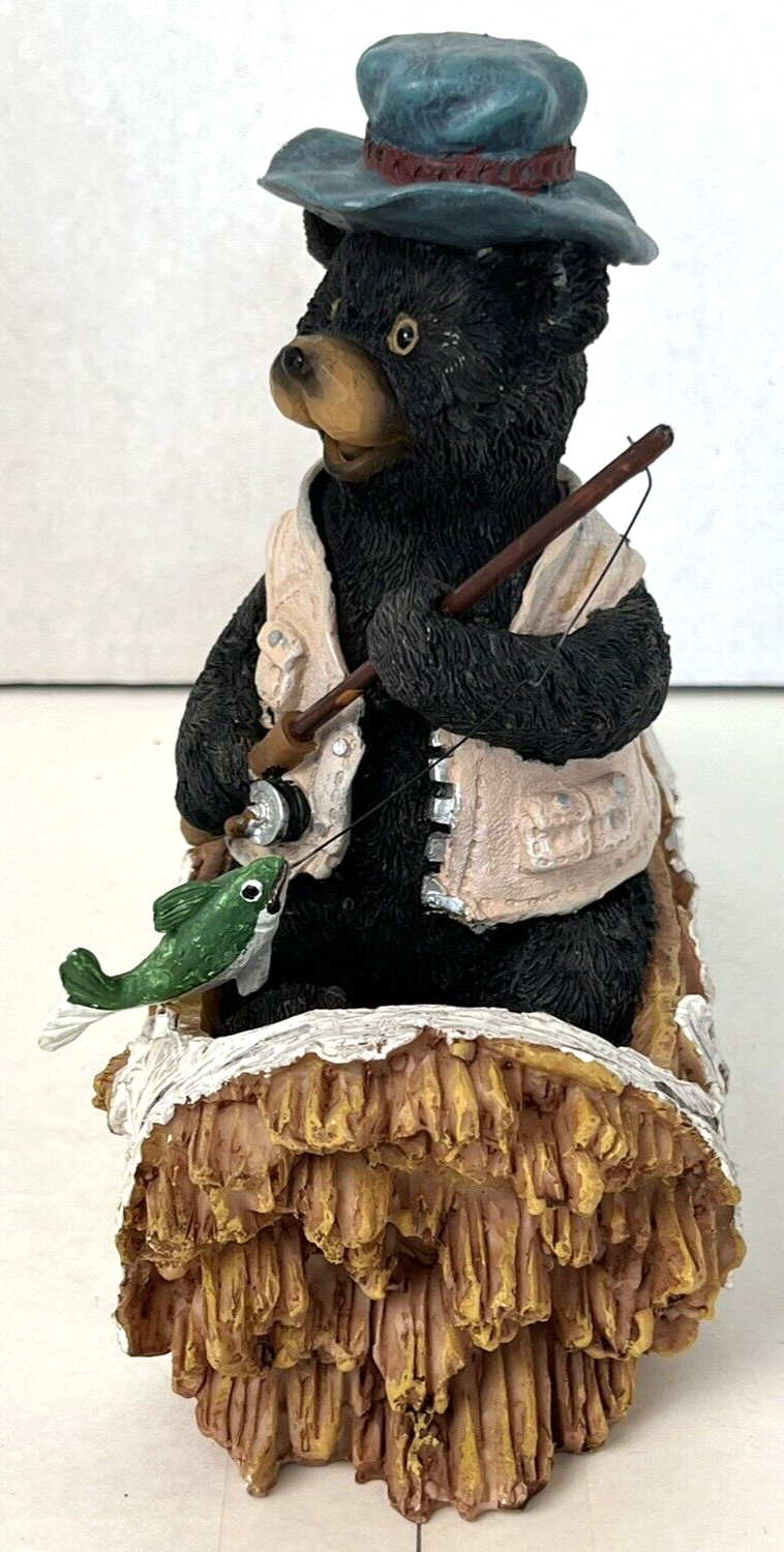 Fishing Bear Figurine Birch Tree Canoe Boat Vtg Cabin Lake House Decor