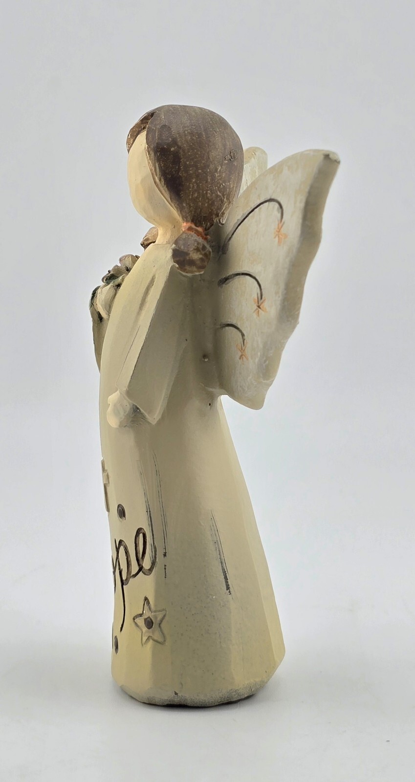 “HOPE” Angle Figurine w/ Roses Tan Dress Brunette In Pigtails Rustin Resin 3.75″