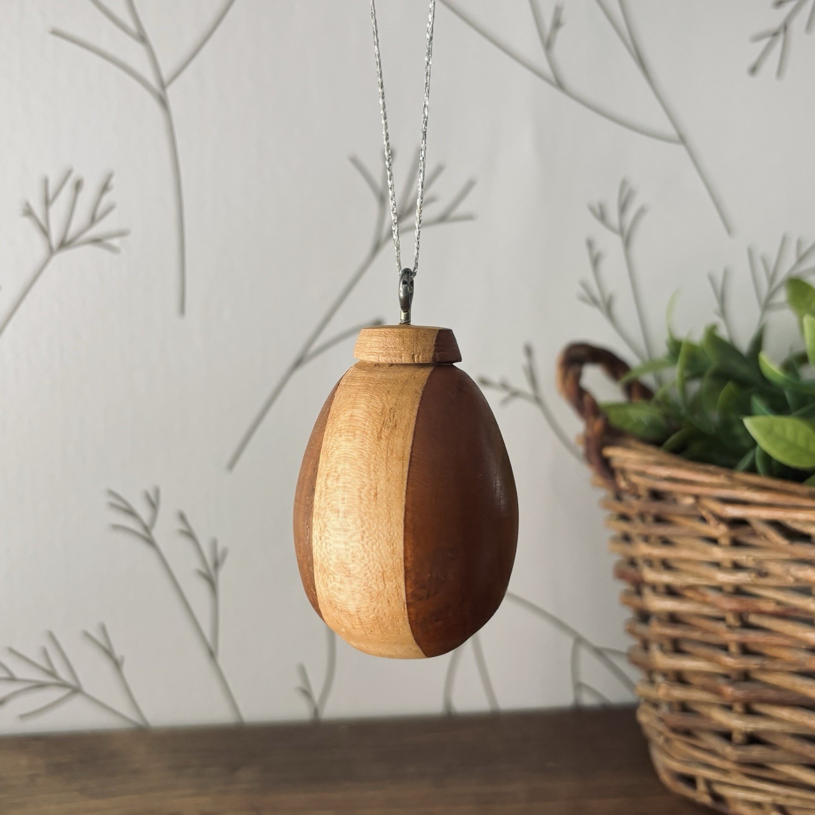 Vintage Hand Turned Wooden Hanging Ornament Two-Tone Segmented Wood Egg Shape