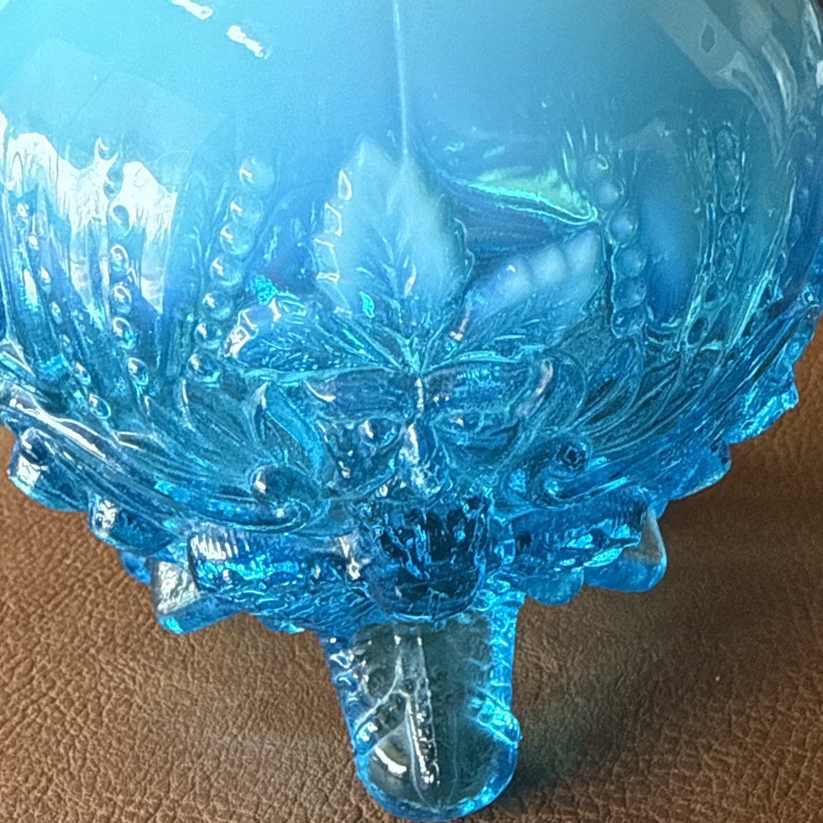 Vintage English Sowerby Blue Opal Piasa Bird Opalescent Glass Rose Bowl