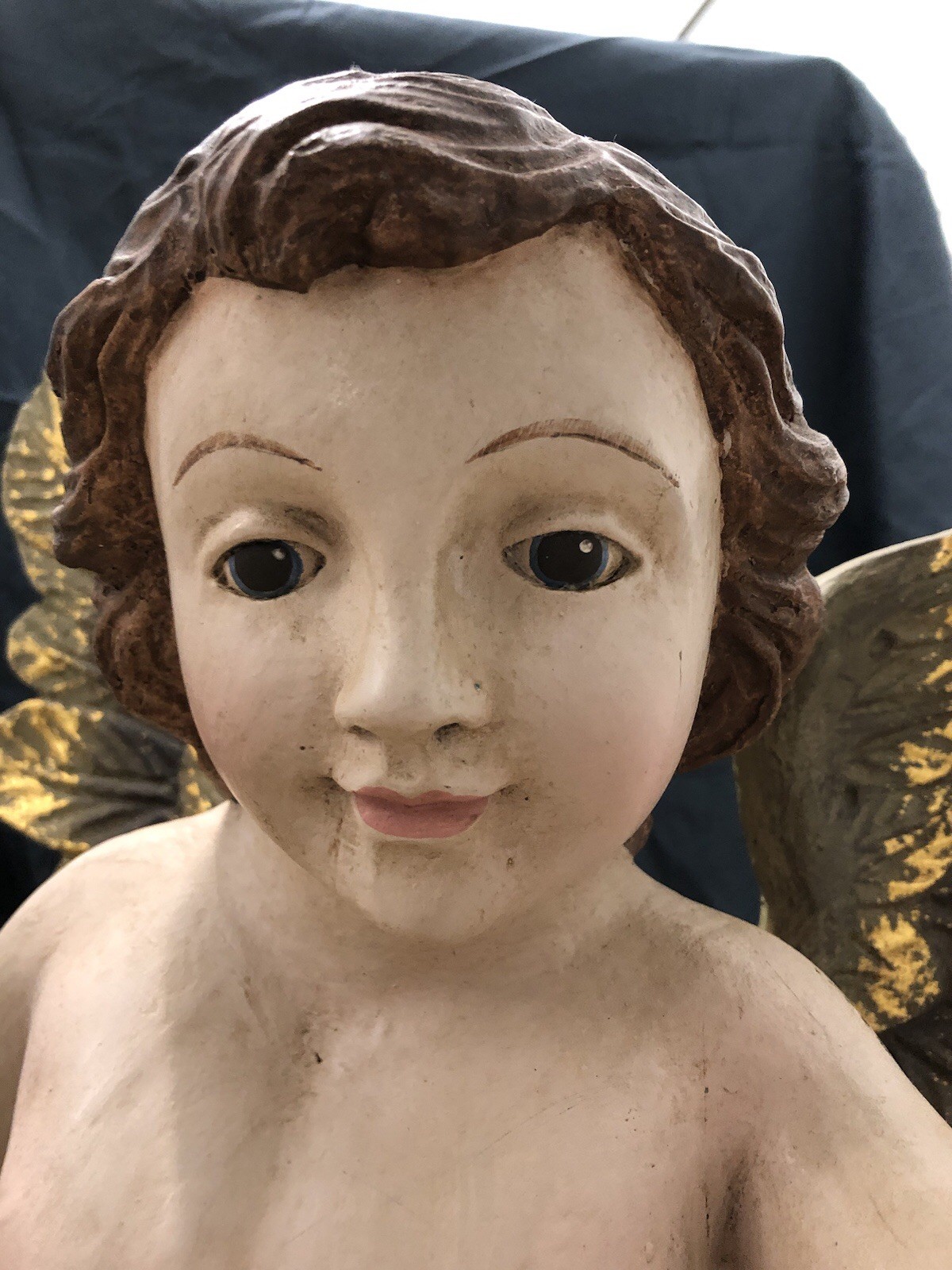 Large Vintage 28” Italian Cherub Putti Angel Composite Stands On Floral Base