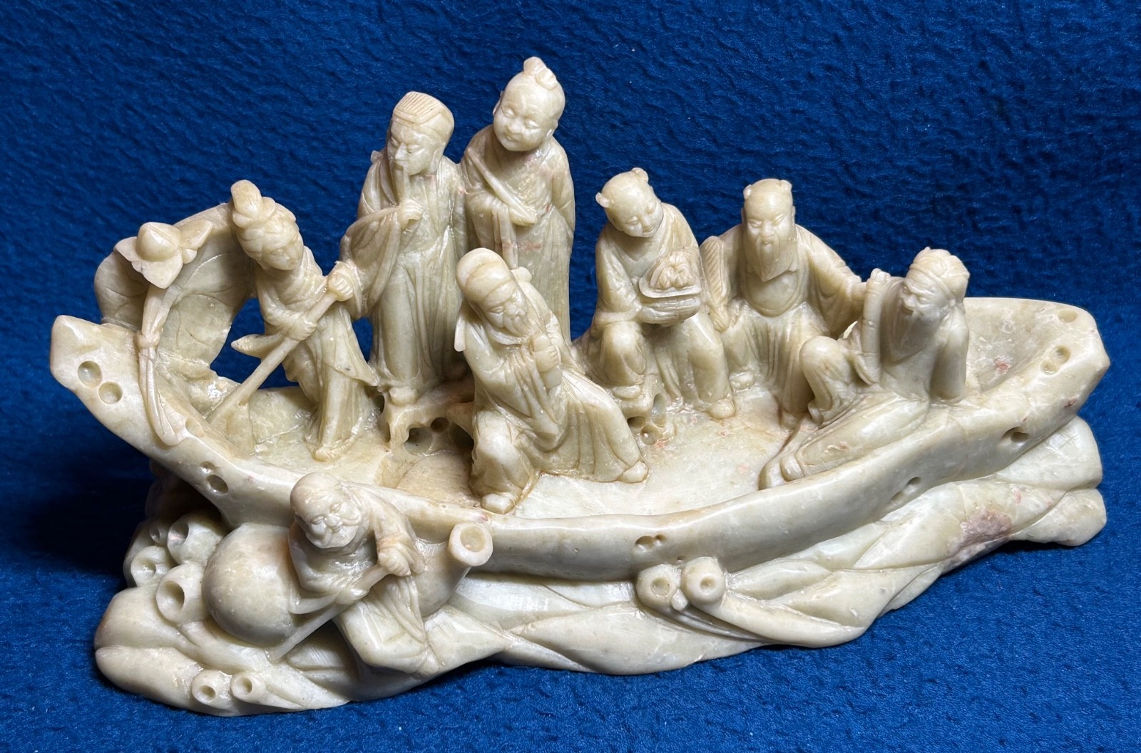 Vintage Chinese Carved Eight Immortals Riding Boat Soapstone Sculpture G2U