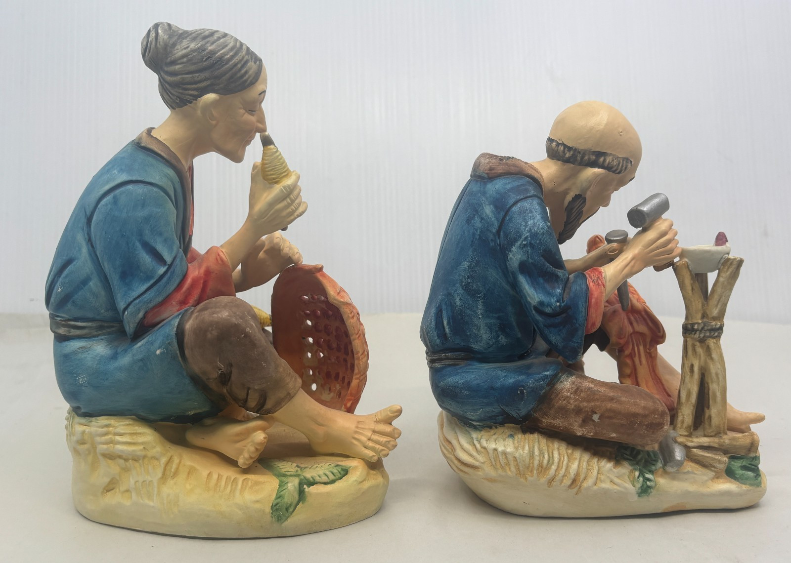 Ceramic Figurines Old Woman Making Basket and Old Man Carving Statue Portugal