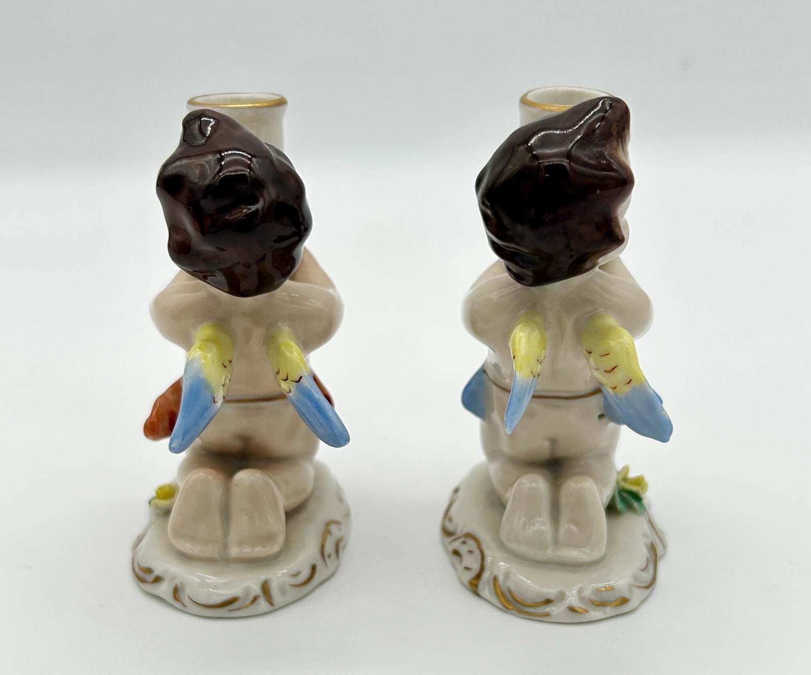 Antique German Dresdner Art Porcelain Candle Holder Pair Cherub Figurine
