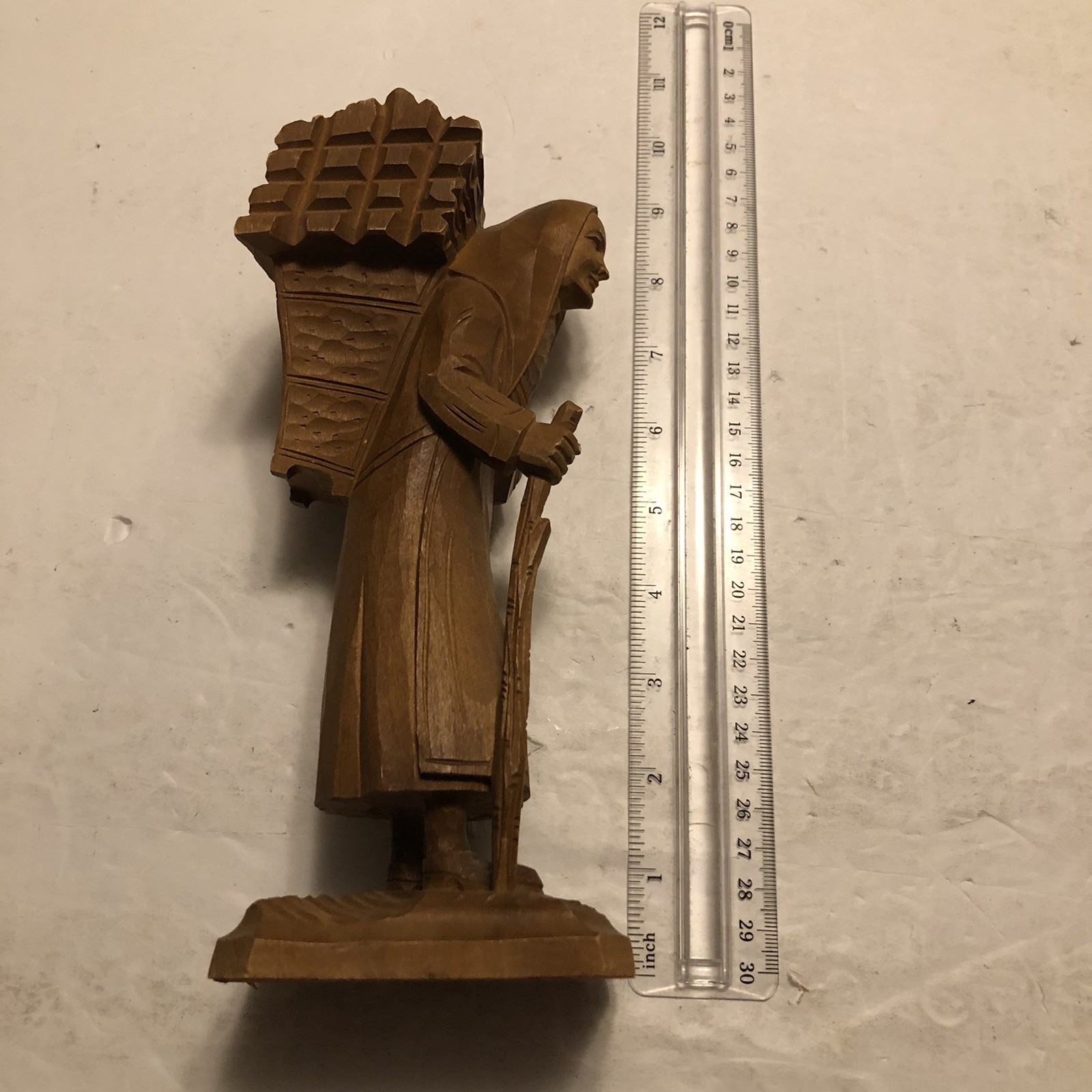 Wood Carved Older Peasant Woman Carrying Firewood Figurine Folk Art Stick Cane