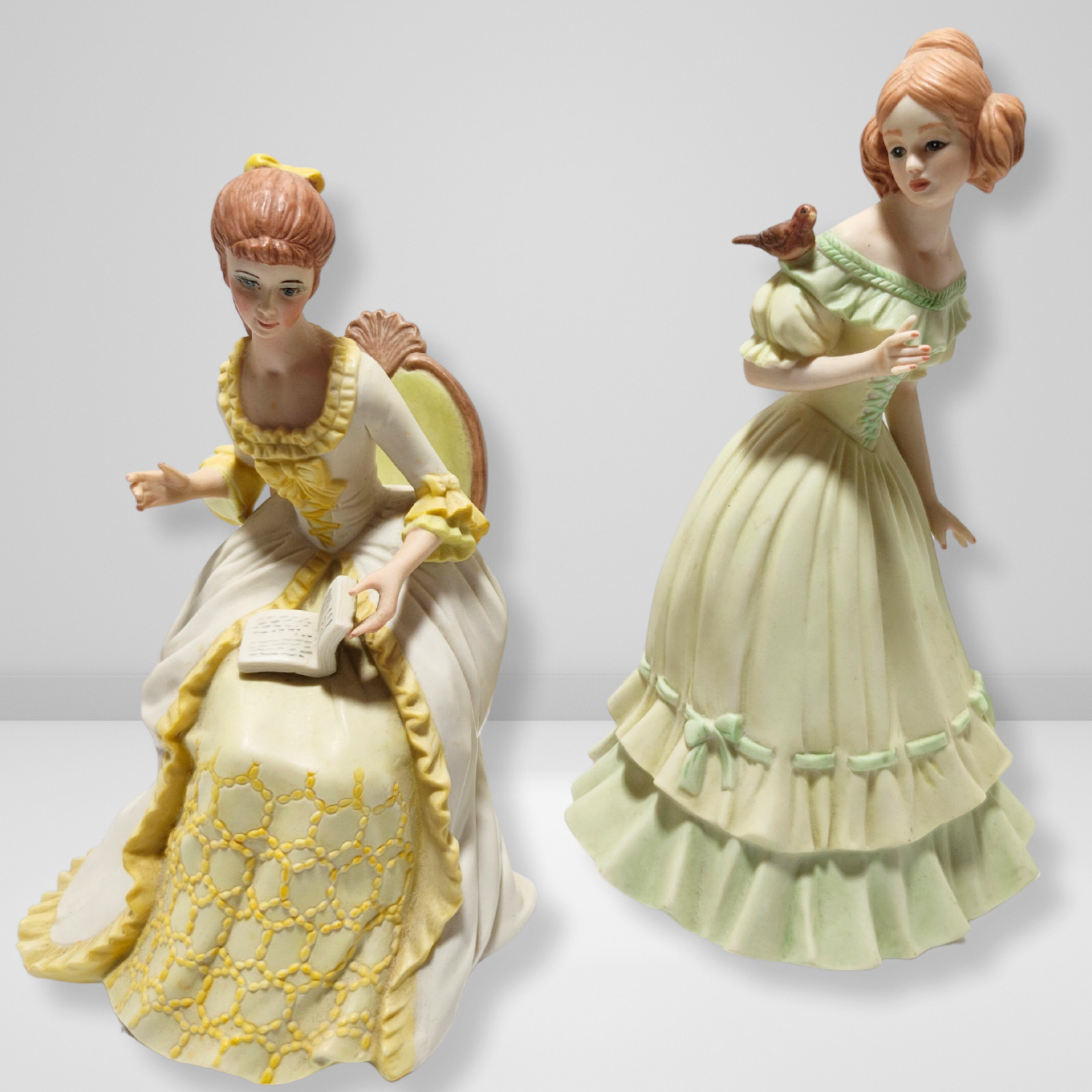 Vintage Victorian Lady Figurine Set – Elegant Lady Reading & Girl w/ Bird Statue