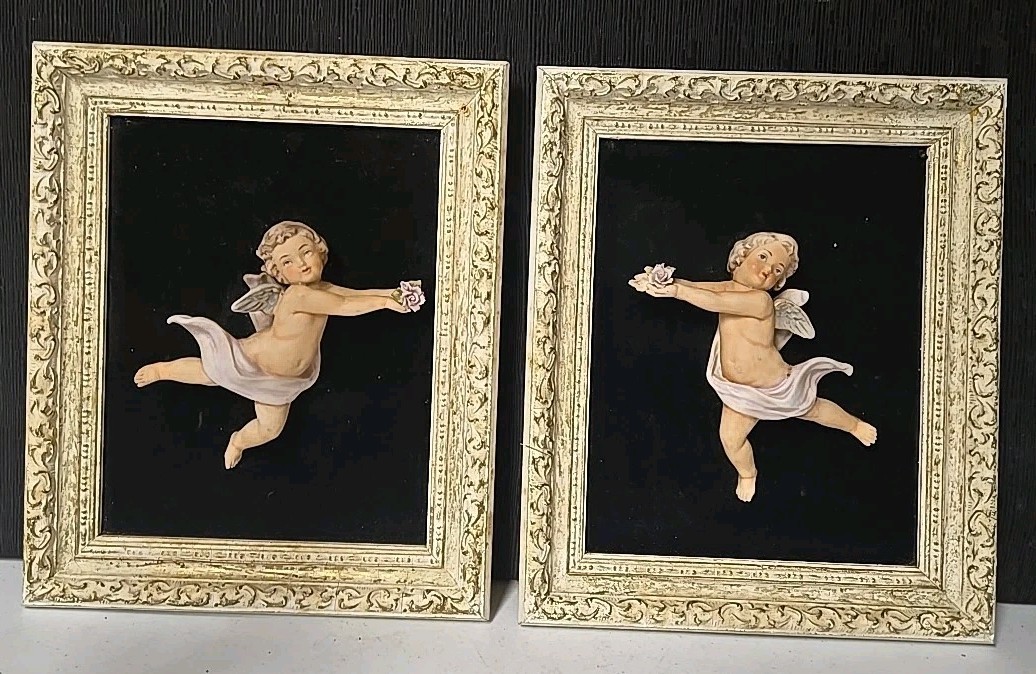 Vintage Italian Bisque Cherub Wall Plaques Pair 10×12 Capodimonte Style Putti…