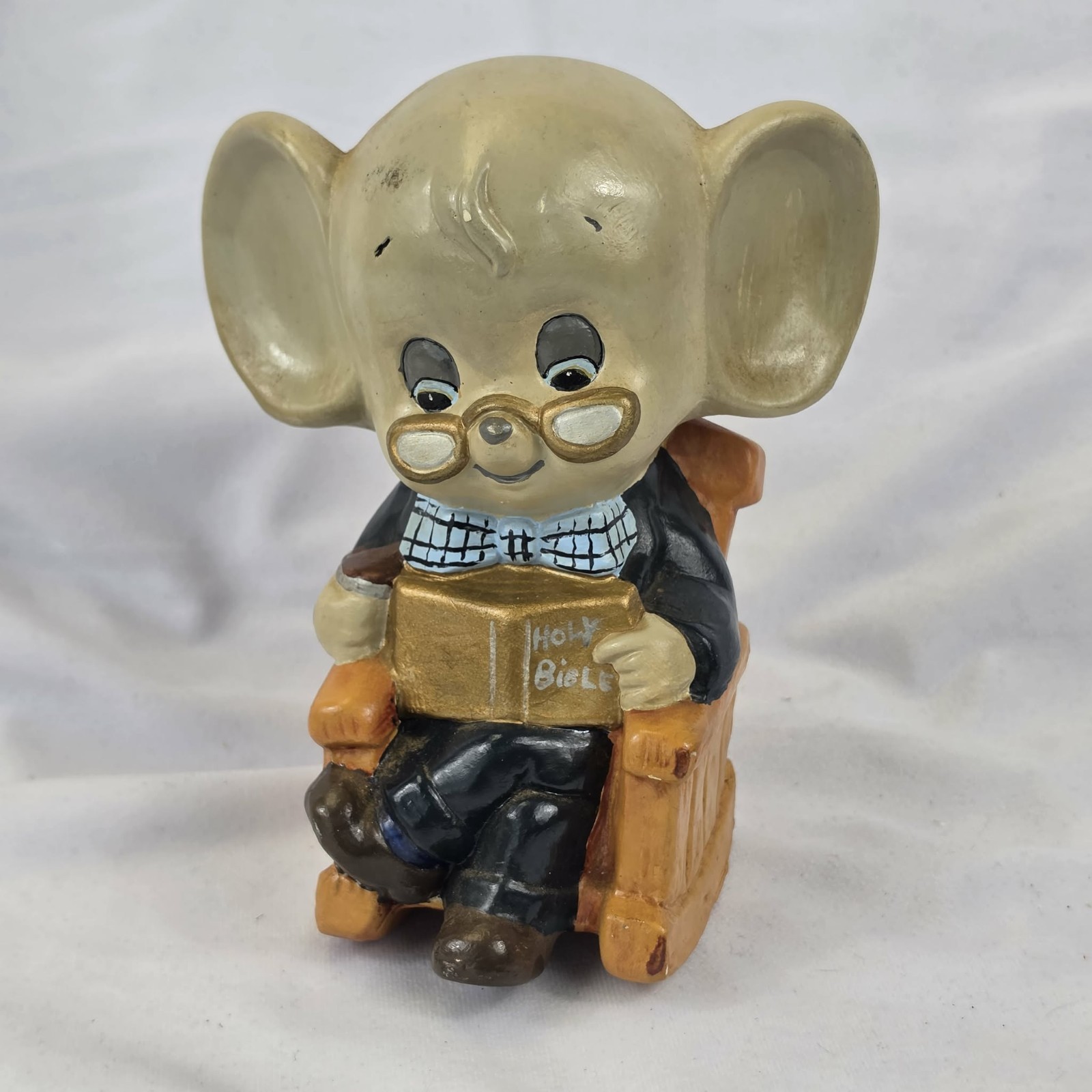 Vintage Ceramic Mouse Figurine Reading Holy Bible In Chair 8in