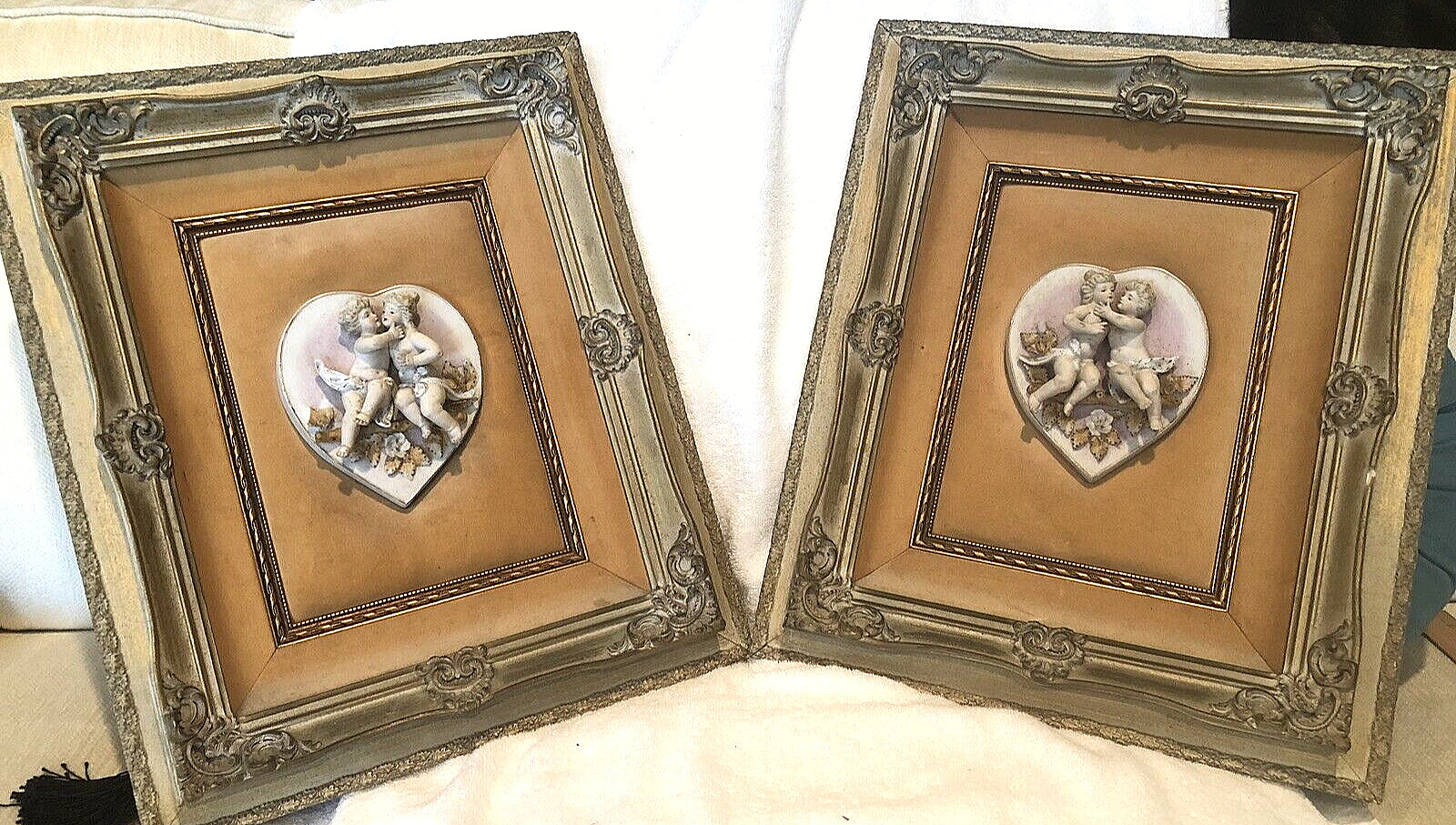 VTG Porcelain Bisque Heart Sculpture Wall Hanging on Velvet (2) Angels Framed 3D