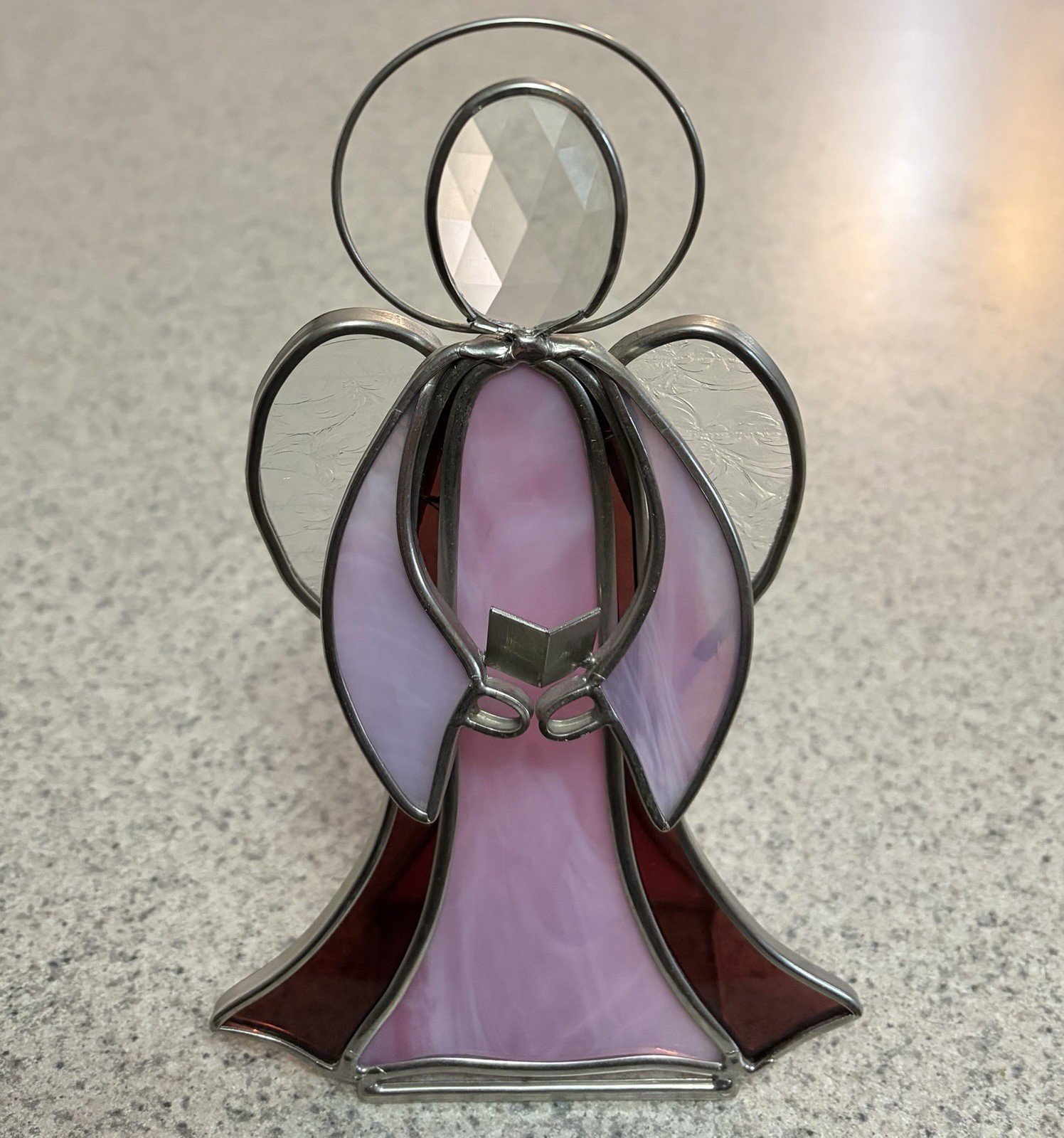 Stained Glass Angel Holding Book Pink & Burgundy 8.25” Tall