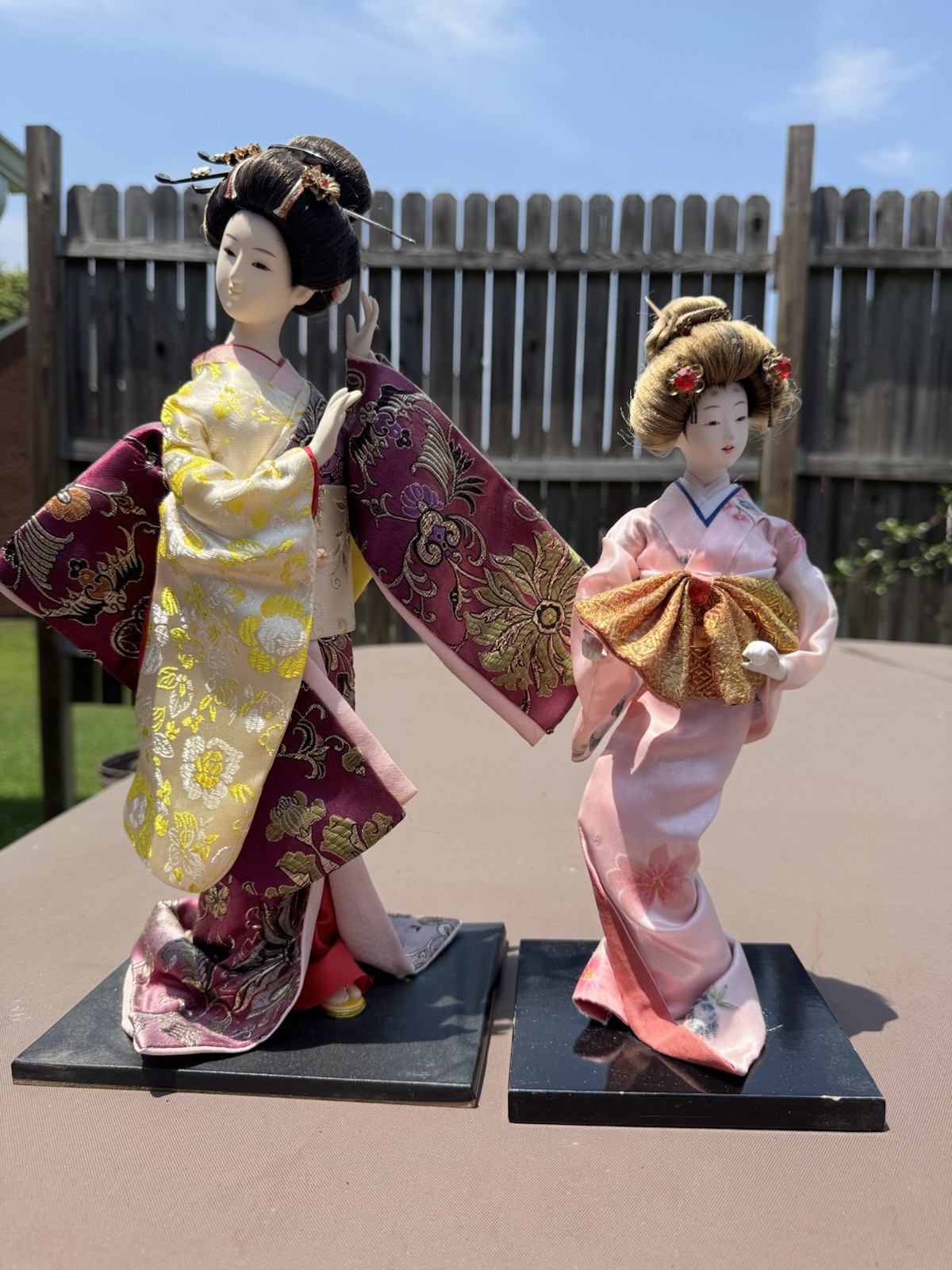 Set Of 2 1970s Vintage Ceramic And Cloth Geisha Girl Figurines On Stands