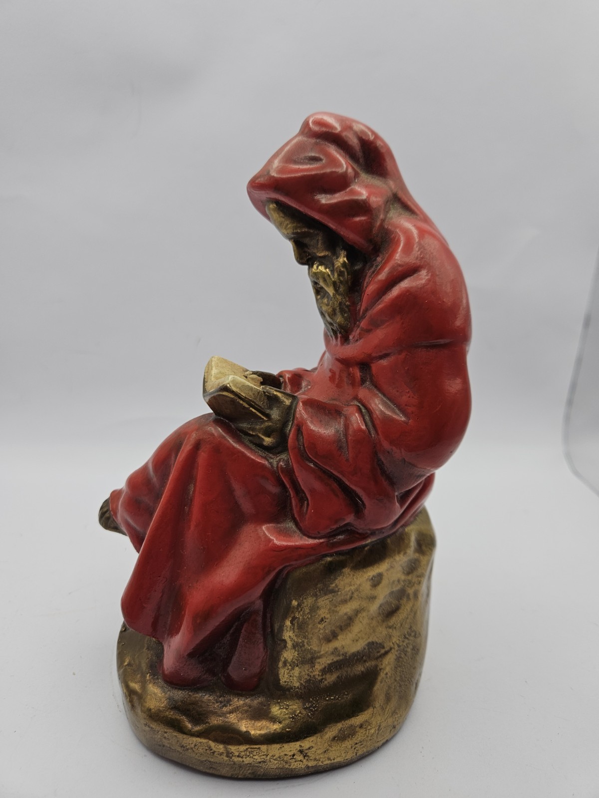 Vintage Red Hooded Monk Reading Book Figurine