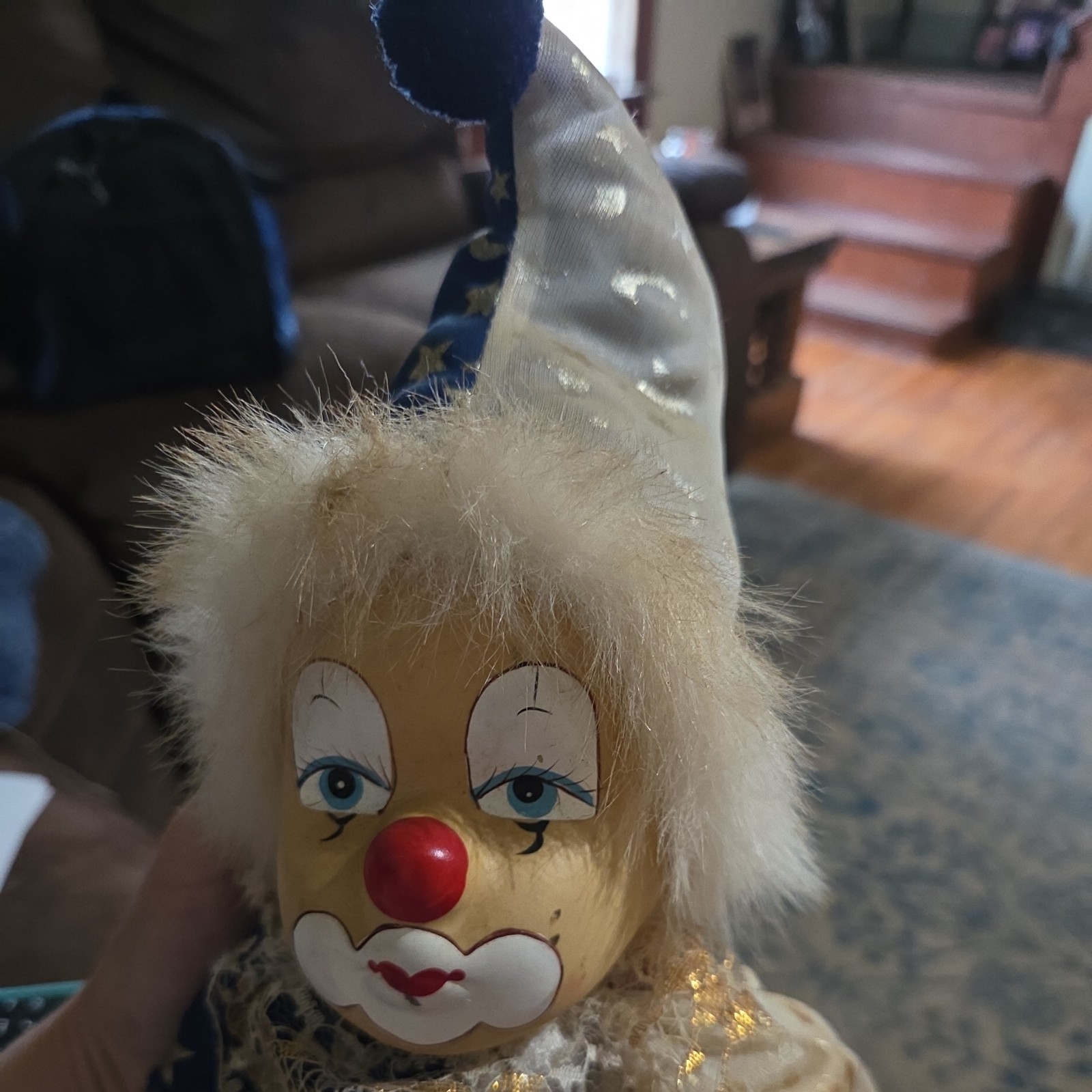Vintage Marionette Porcelain Faced clown on swing celestial theme