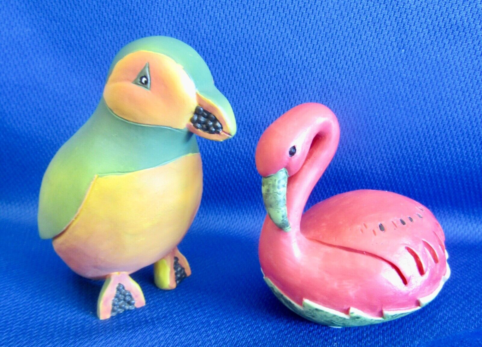 Set of Two Wooden Birds – Flamingo & Puffer – Bright Colors!