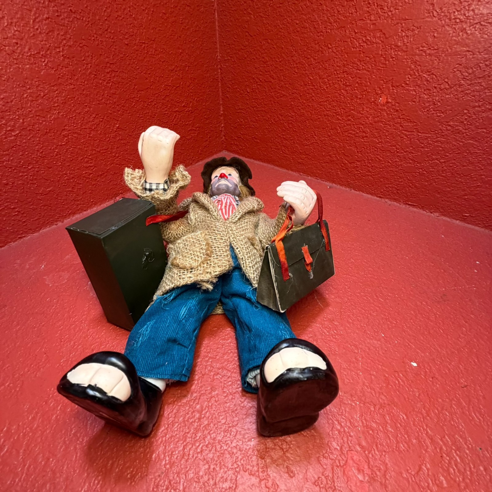 Emmett Kelly Jr Real Rags 12” Clown Doll “Bags Packed “Porcelain & Fabric Mache