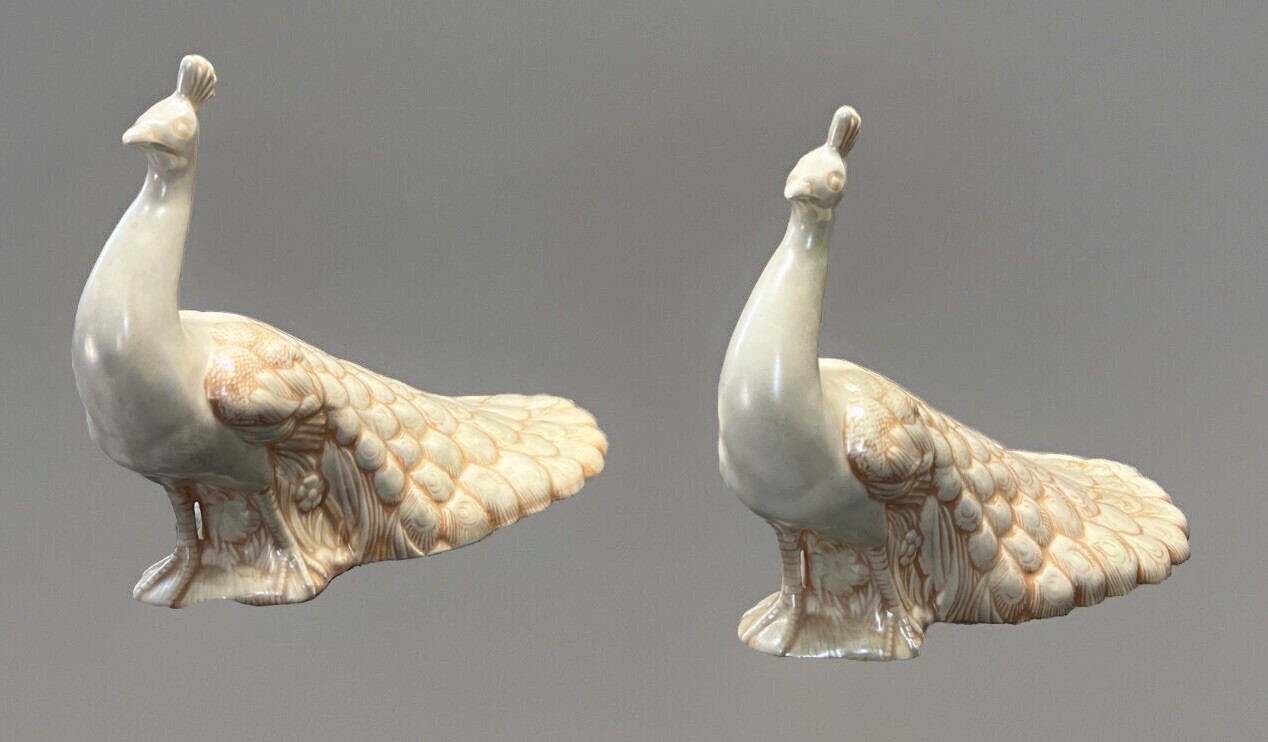 Vintage MCM Ceramic Pair of 15” White Pearl Peacocks Holland Mold Pearlescent ￼