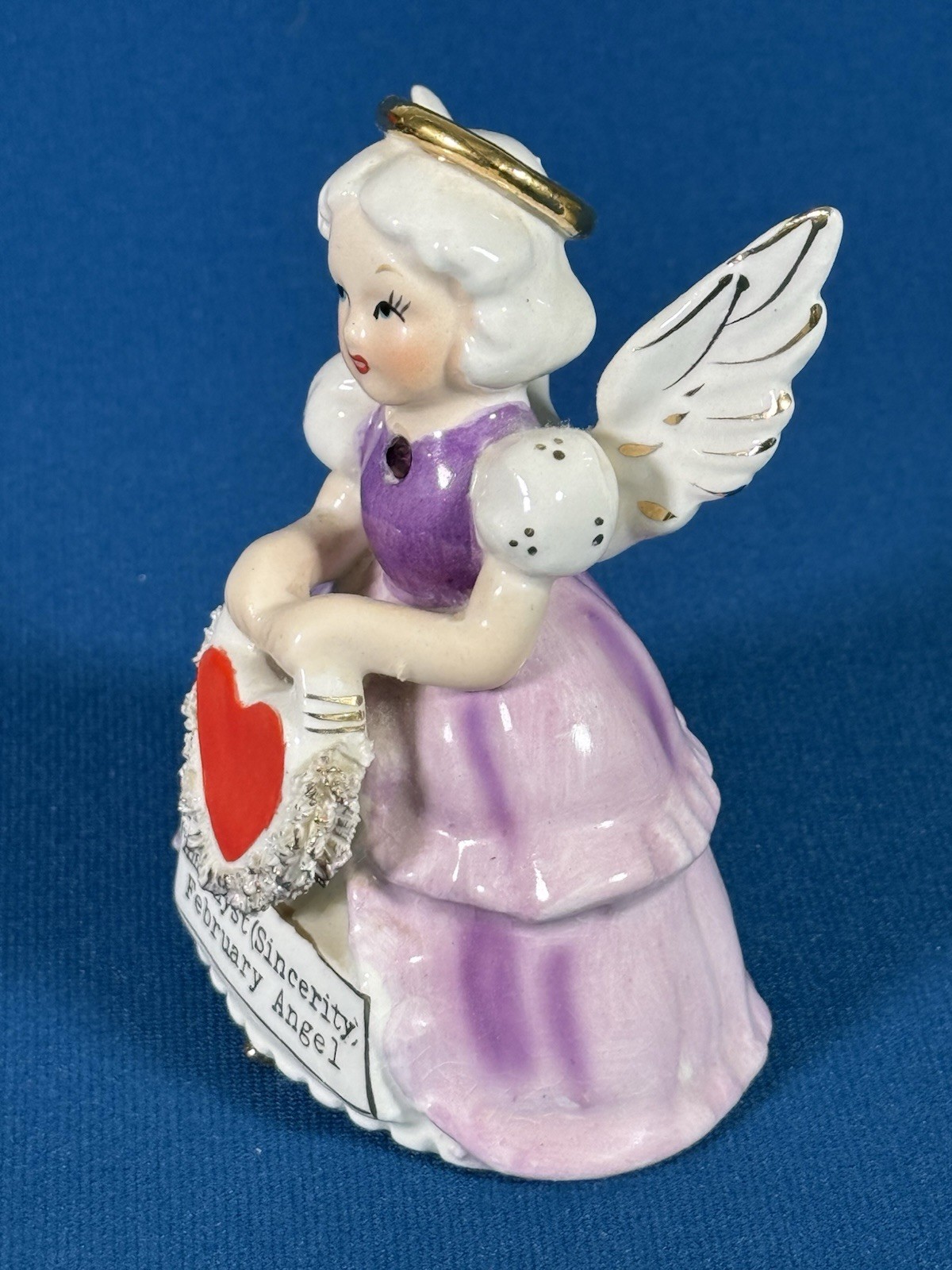 VTG SR February Girl Angel Birthday Amethyst Sincerity Ceramic Figurine Japan