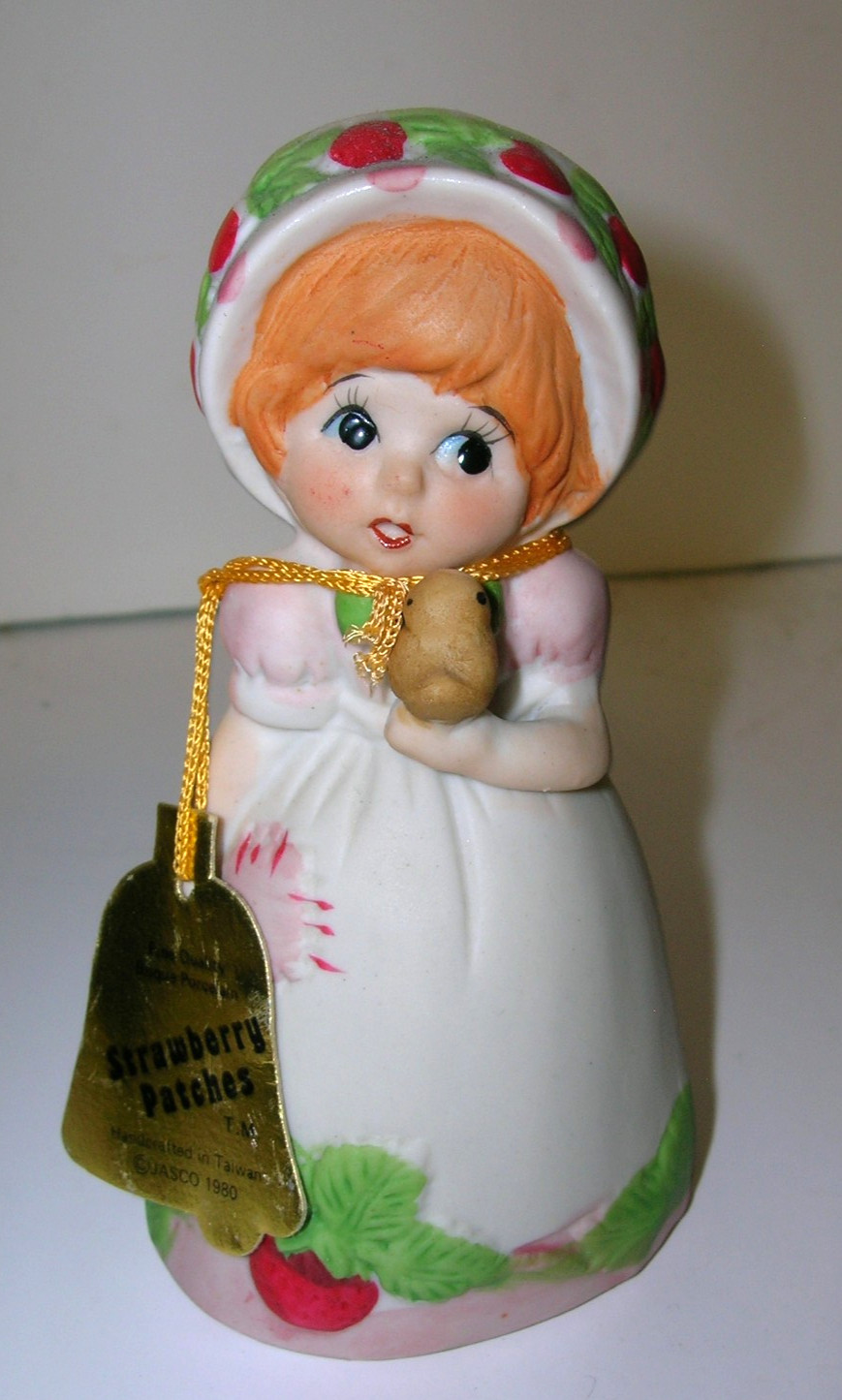 Jasco Strawberry Patches Bisque Porcelain Girl Figurine Bell W/ Tag Vintage 1980