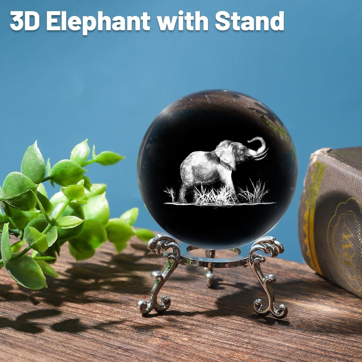 3D Elephant Crystal Ball with Stand Lase Engraved Glass Sphere 2.36 inch