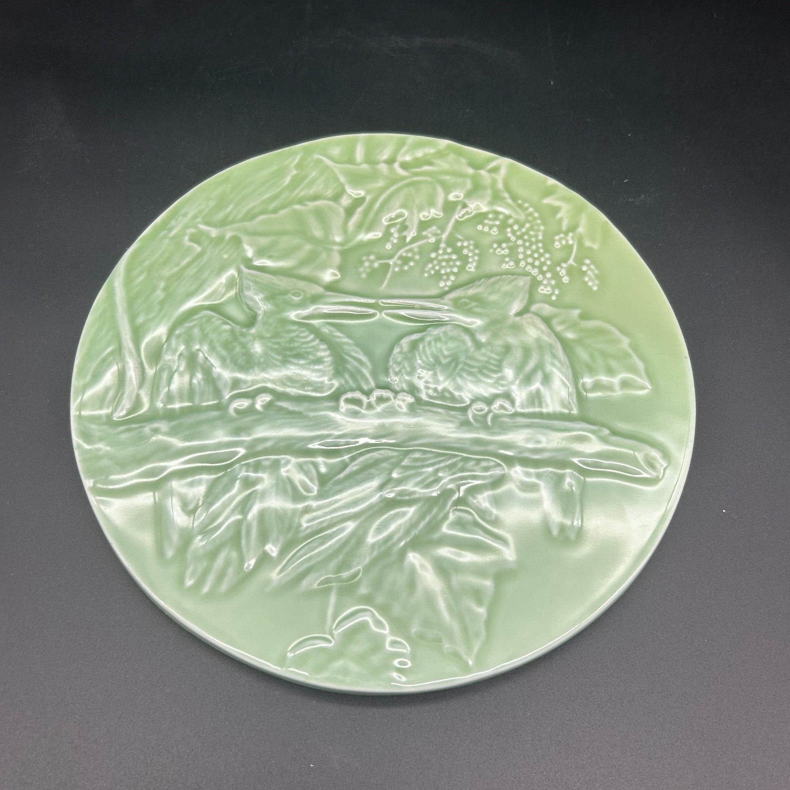 Edgecomb Potters Carved Porcelain Plaque Birds on Branch Celadon Green USA