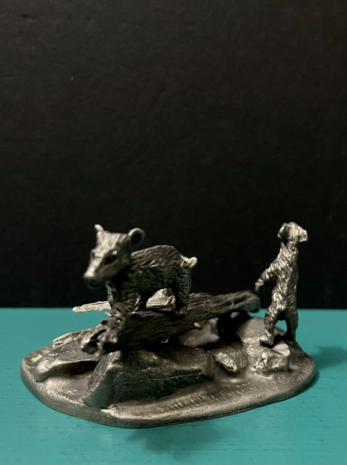 Pewter Three Bears Cubs Forest Tree Logs Wildlife Animals Diorama Art Figurine