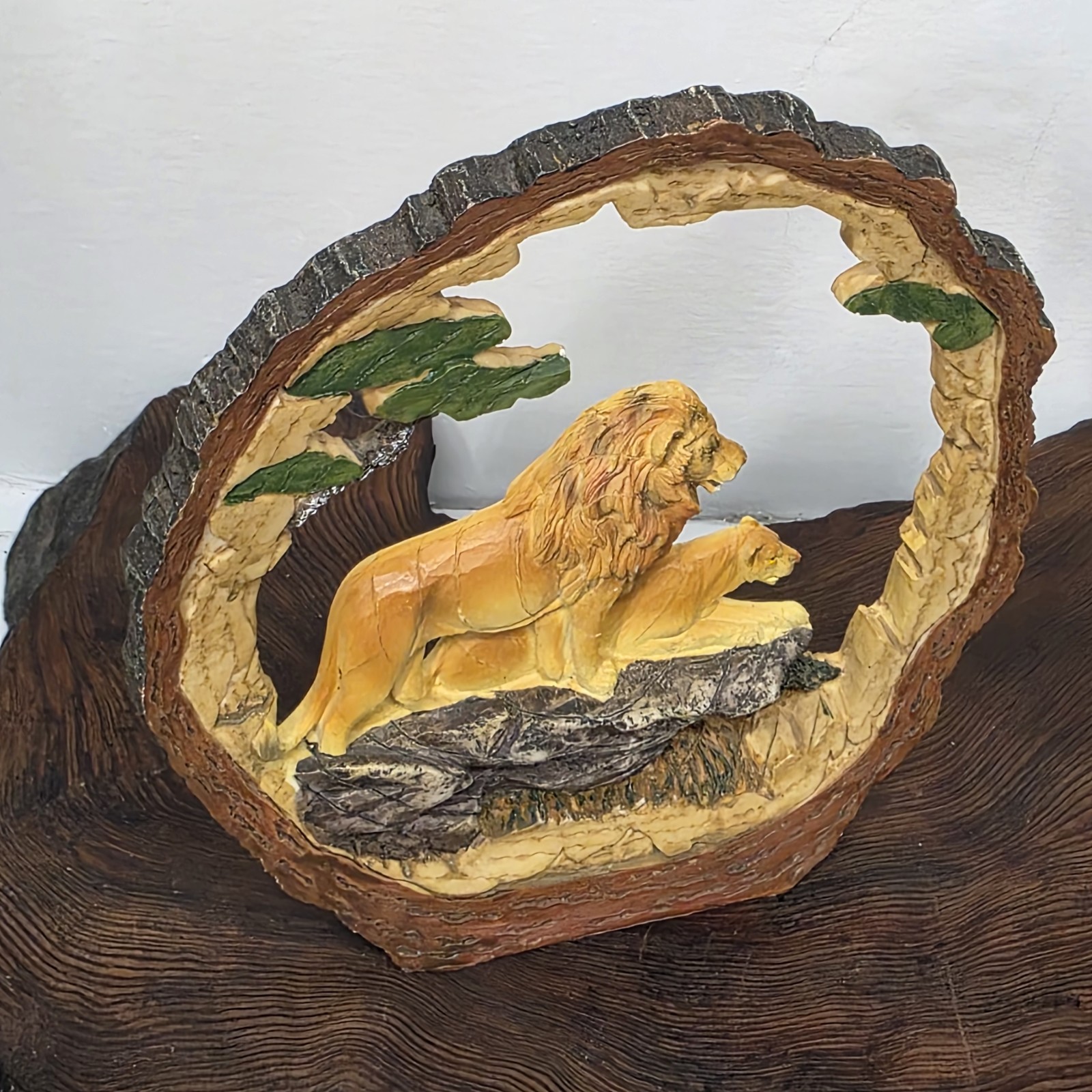 Vintage Faux Wood Resin Lion Tiger Jungle Animal Figurines Set Safari Decor