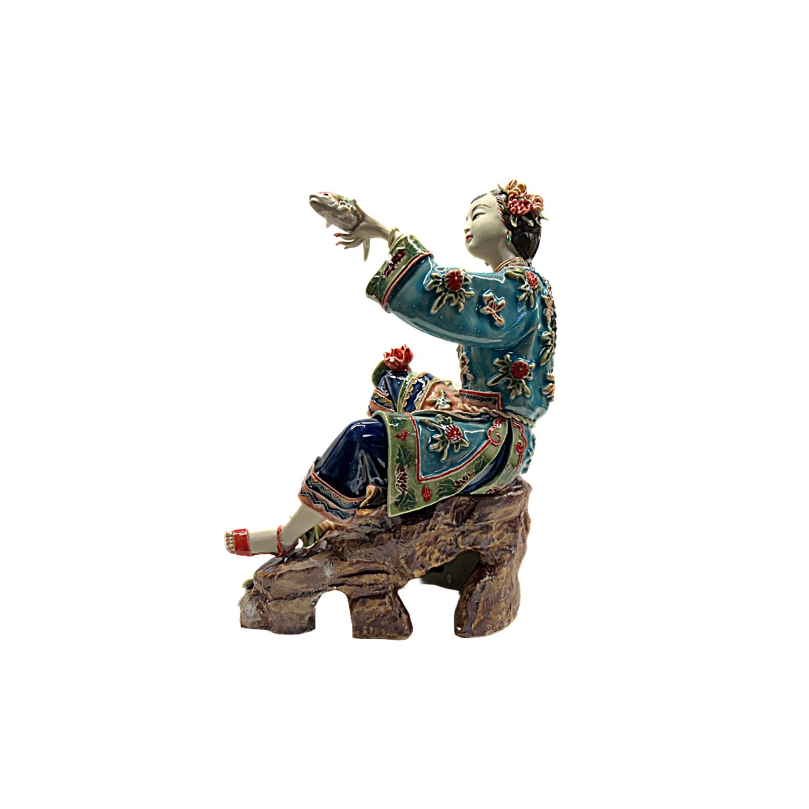 Chinese Porcelain Qing Style Dressing Catching Fish Lady Figure ws4853