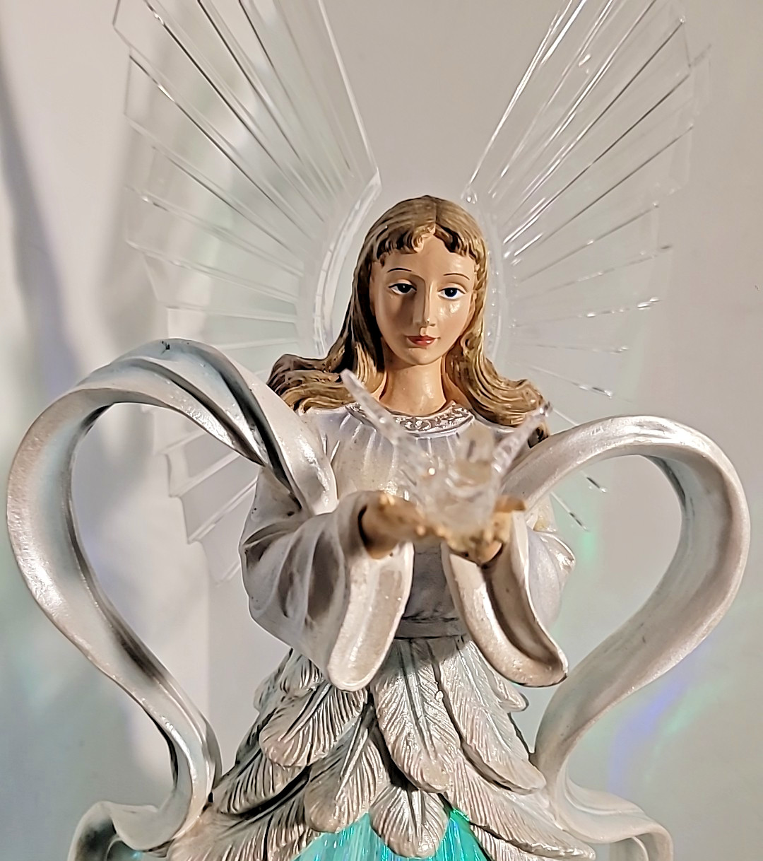 Acrylic Angel Holding Dove Roman LED Figurine Multi Color Lights Mirror WoodBase