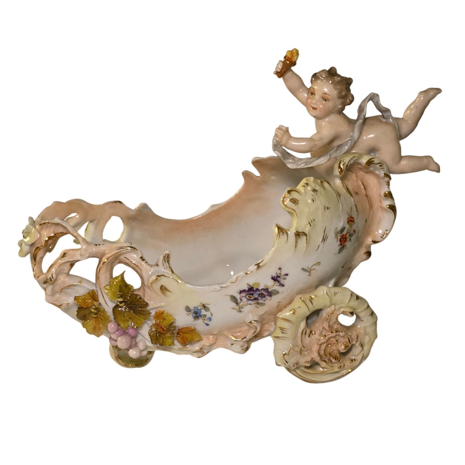Antique Volkstedt Porcelain Cherub on Chariot Triebner Ens Eckert Rococo 1880s